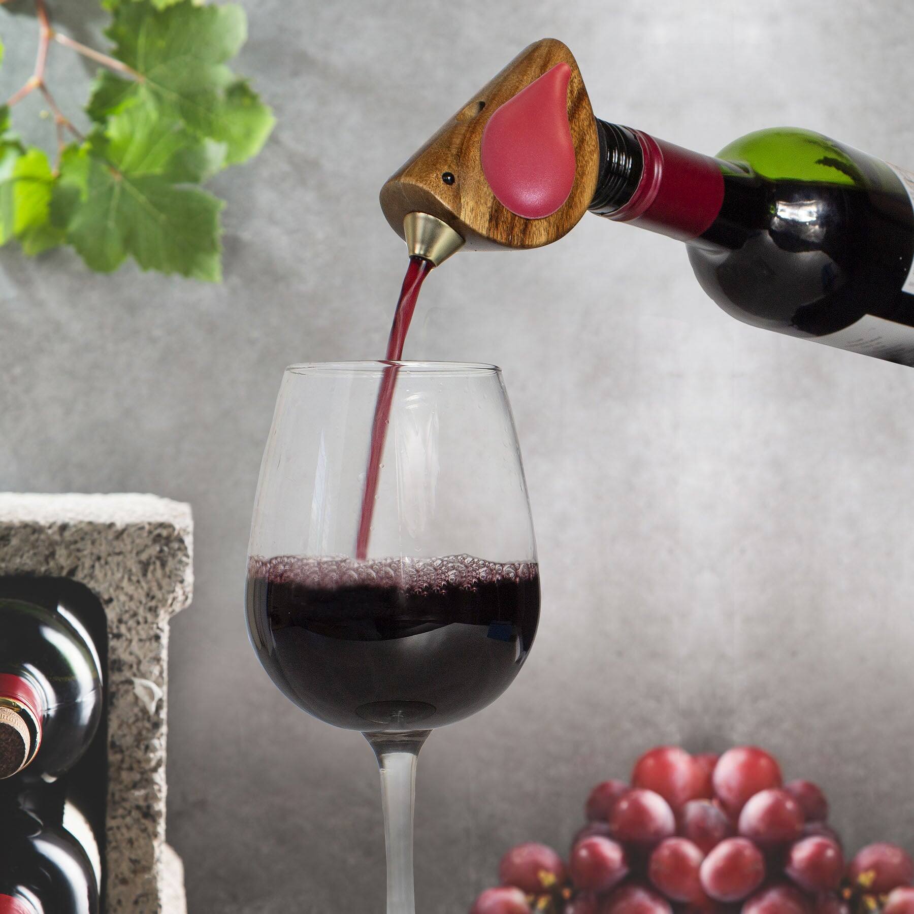 Left. Songbird Specialties - "Singing" Wine  Bottle Pourer, Red - Brown, Red.