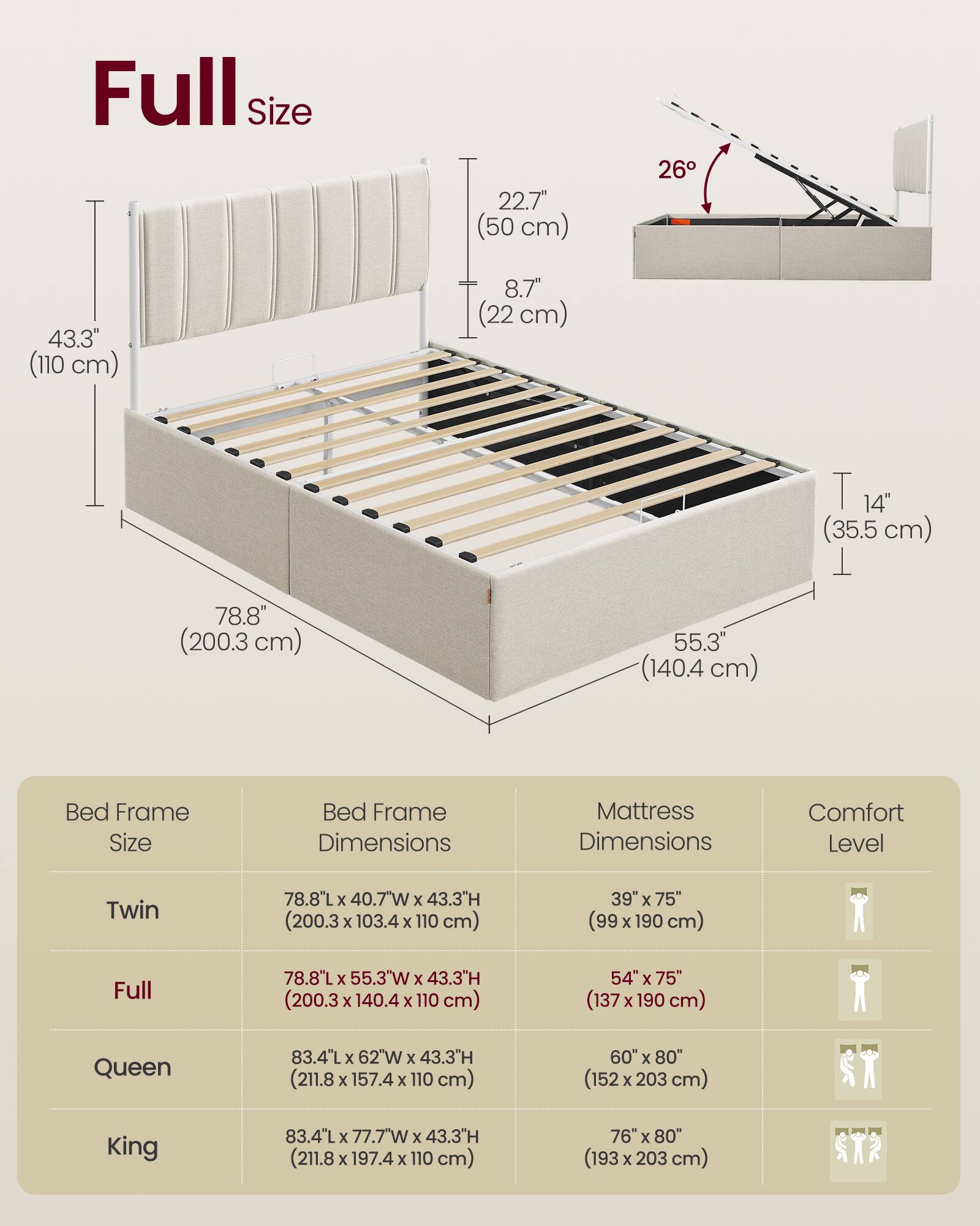 Full Size 22.7" (50 cm) 26° 43.3" (110 cm) 8.7" (22 cm) T 14" (35.5 cm) T 78.8" (200.3 cm) 55.3" (140.4 cm) Bed Frame Size Bed Frame Dimensions Mattress Dimensions Comfort Level Twin 78.8"L x 40.7"W x 43.3"H (200.3 x 103.4 x 110 cm) 39" x 75" (99 x 190 cm) Full 78.8"L x 55.3"W x 43.3"H (200.3 x 140.4 x 110 cm) 54" x 75" (137 x 190 cm) Queen 83.4"L x 62"W x 43.3"H (211.8 x 157.4 x 110 cm) 60" x