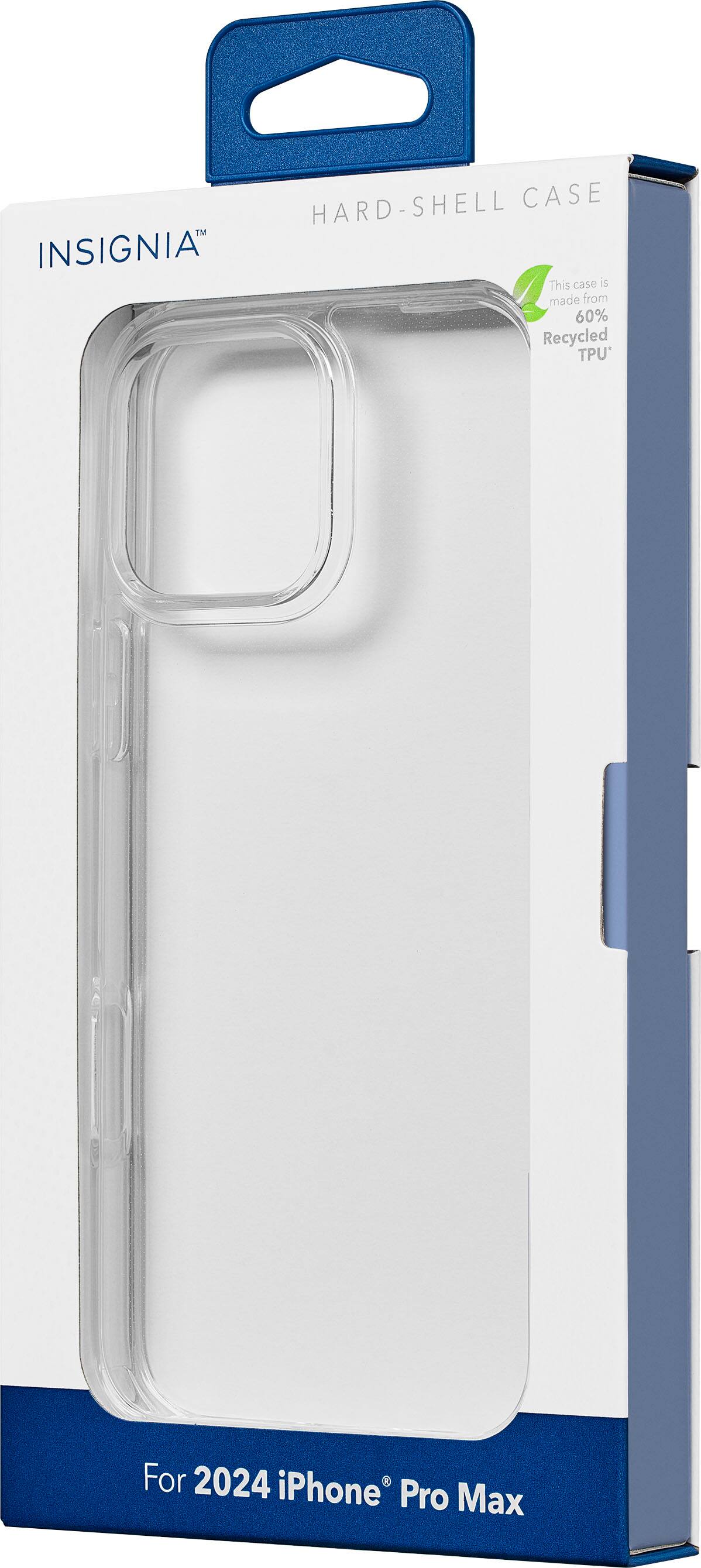This image features a hard-shell case made from 60% recycled TPU, designed for the 2024 iPhone Pro Max. The case is manufactured by Insignia, a company known for producing high-quality protective cases for various electronic devices. The case is packaged in a blue and white box, which highlights its features and benefits. The case is designed to provide durable protection for the iPhone Pro Max, while also being environmentally friendly due to its recycled material content.