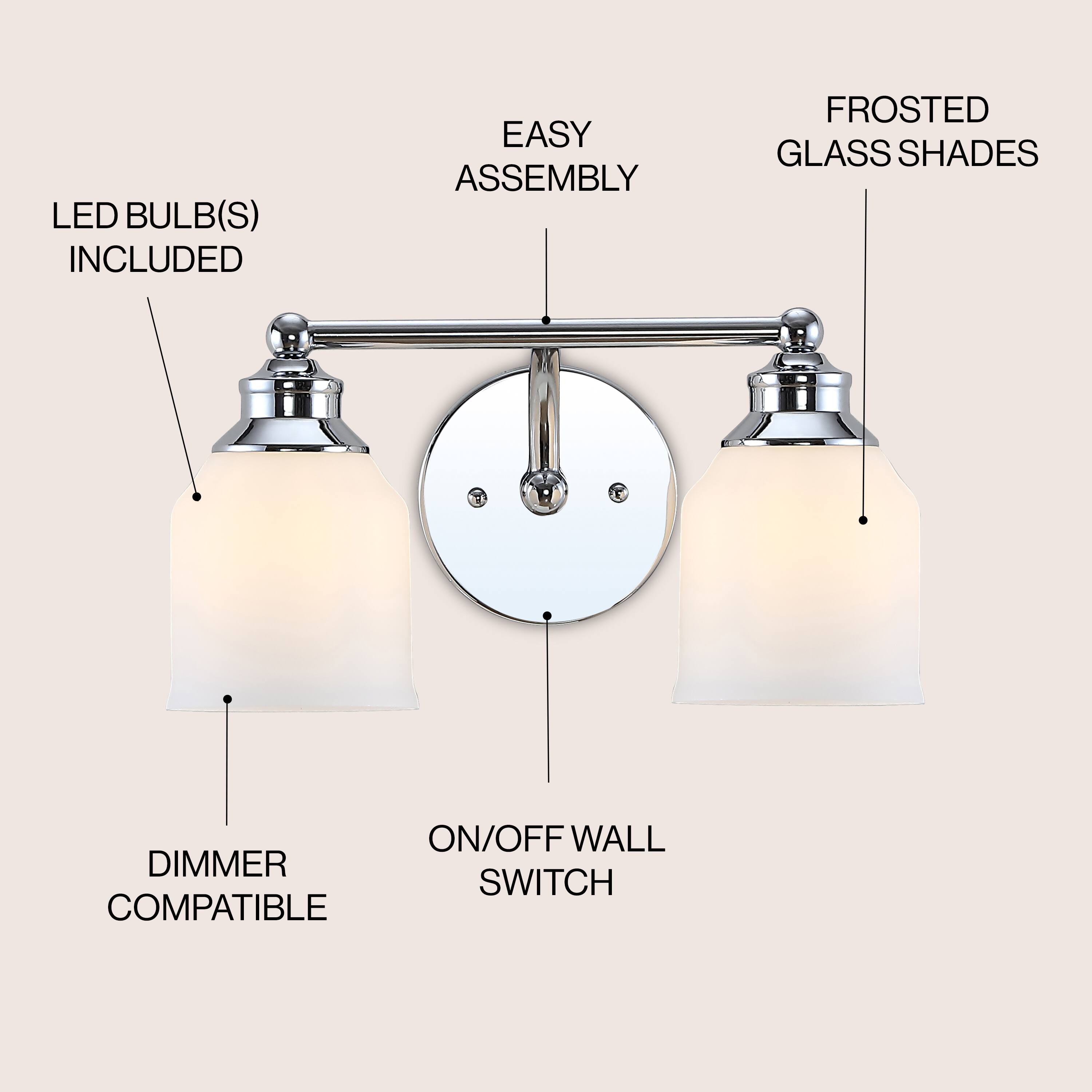 LED BULB(S) INCLUDED  
EASY ASSEMBLY  
FROSTED GLASS SHADES  
ON/OFF WALL DIMMER SWITCH COMPATIBLE