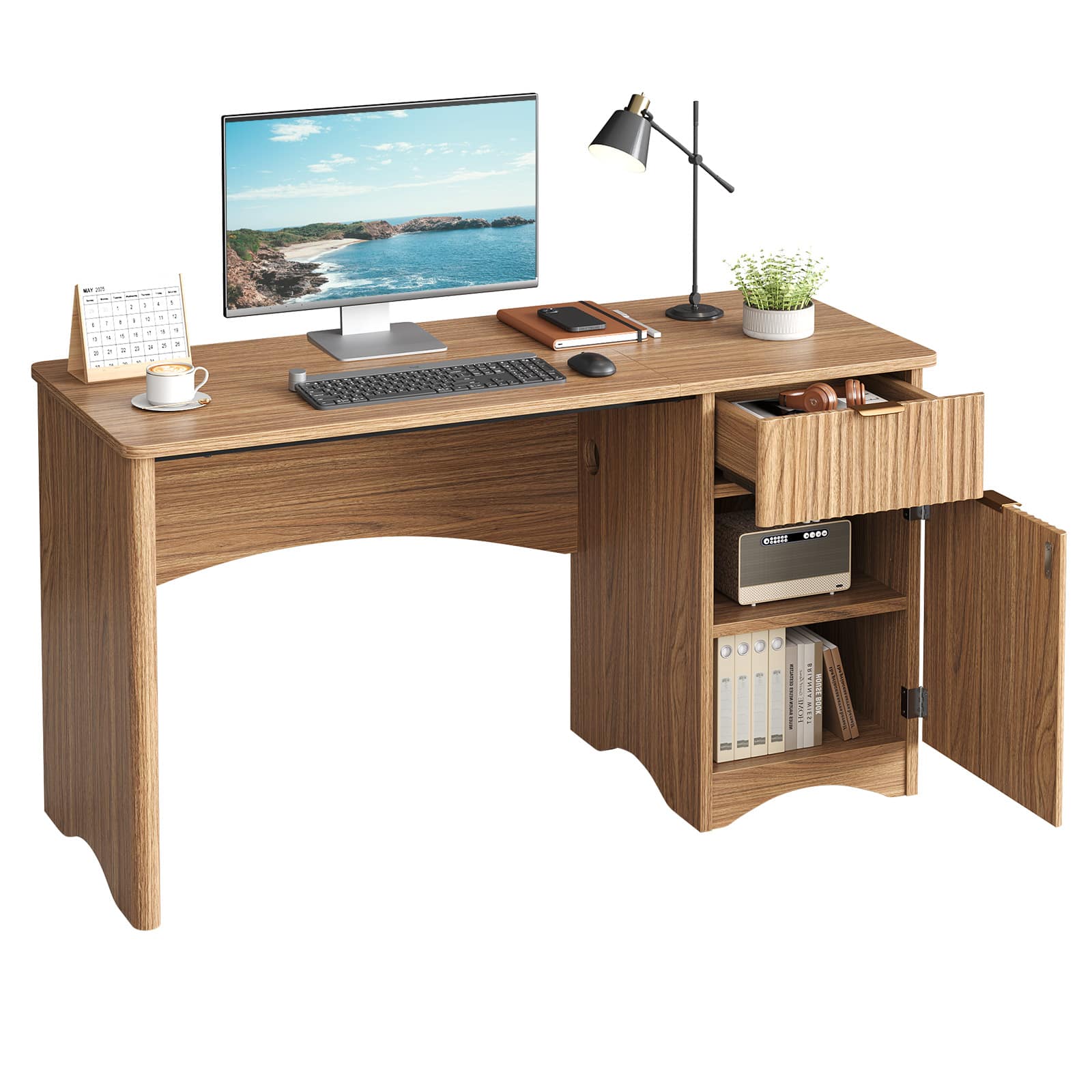 Bestier - 47 inch Office Desk with Storage Cabinet and Drawer for Home Office Desk with Adjustable Shelves and Cable Management - Brown Oak