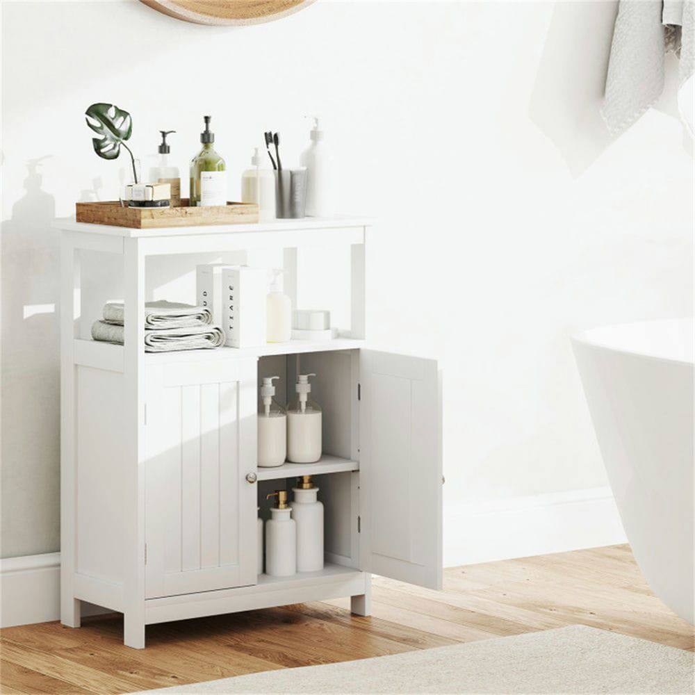 Angle. Kadyn - White Bathroom Floor Cabinet Freestanding Storage Organizer, White - White.