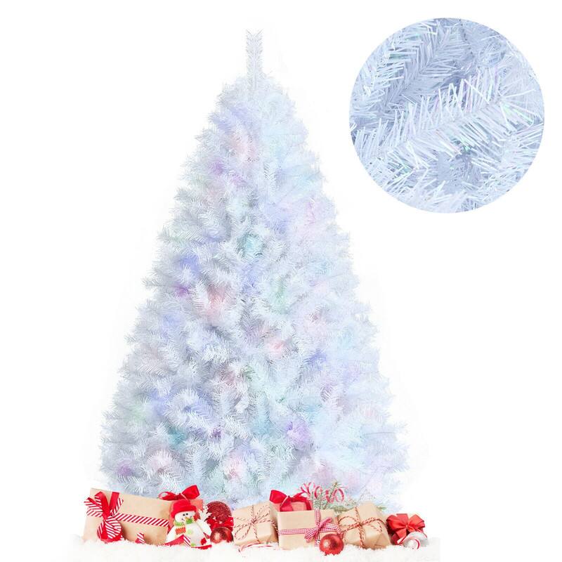 Front. WELLFOR - 6ft Unlit Hinged Artificial Christmas Tree with 792 Branch Tips, Iridescent Artificial Xmas Trees with Metal Stand - White.