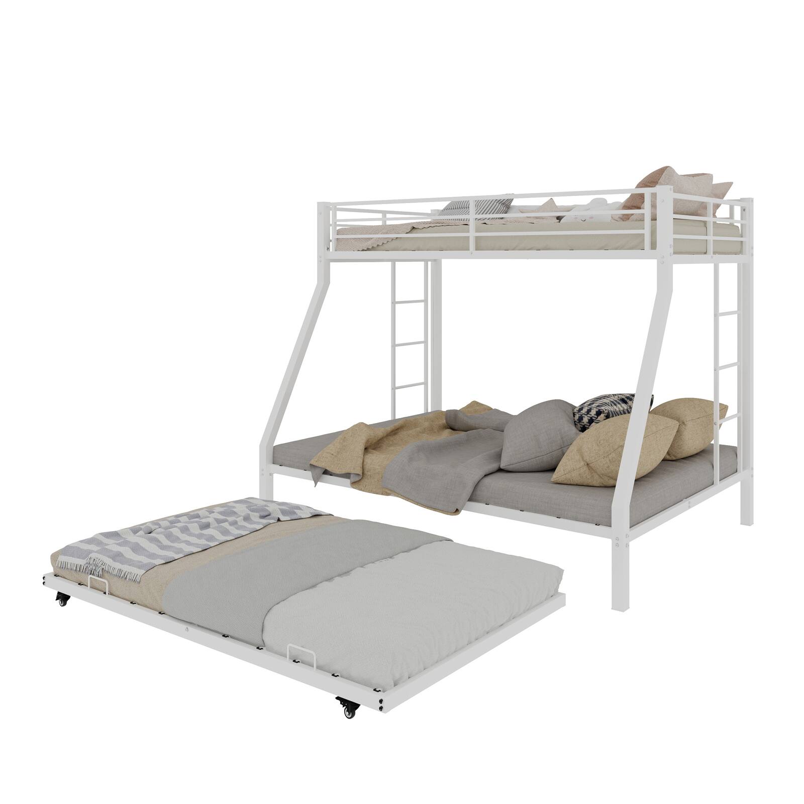 Alt View 7. Loheer - Loheer Metal Triple Bunk Bed Twin Over Full with Twin Trundle White Steel Frame Heavy Duty - White.