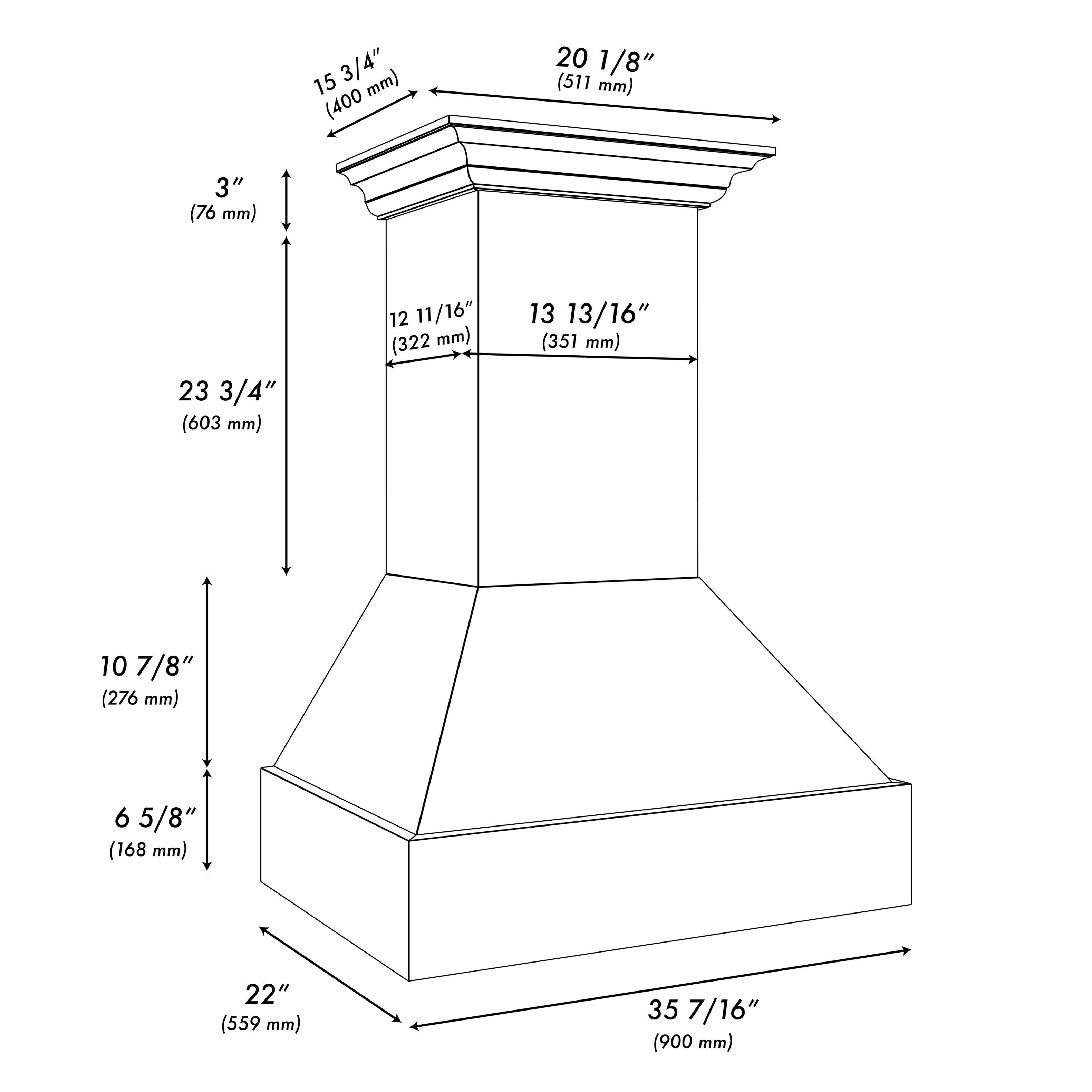 The image shows a drawing of a pedestal with measurements in millimeters. The measurements are as follows: 15 3/4" (400 20 1/8" (511 mm)), 3" (76 mm), 23 3/4" (603 mm), 12 11/16" (322 mm), 13 13/16" (351 mm), 10 7/8" (276 mm), 6 5/8" (168 mm), 22" (559 mm), and 35 7/16" (900 mm).