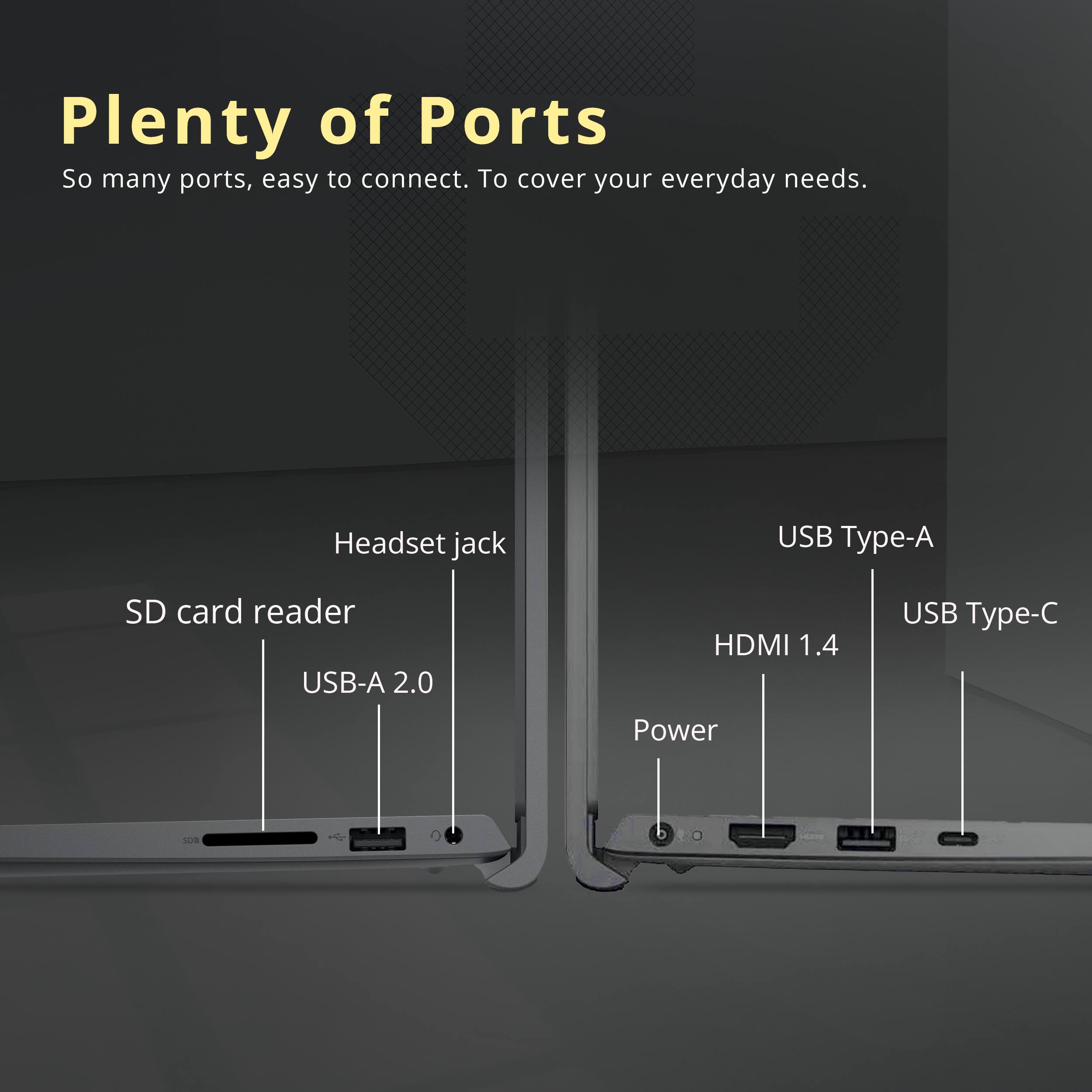 Plenty of Ports

So many ports, easy to connect. To cover your everyday needs.

- Headset jack
- SD card reader
- USB-A 2.0
- USB Type-A
- HDMI 1.4
- USB Type-C
- Power
