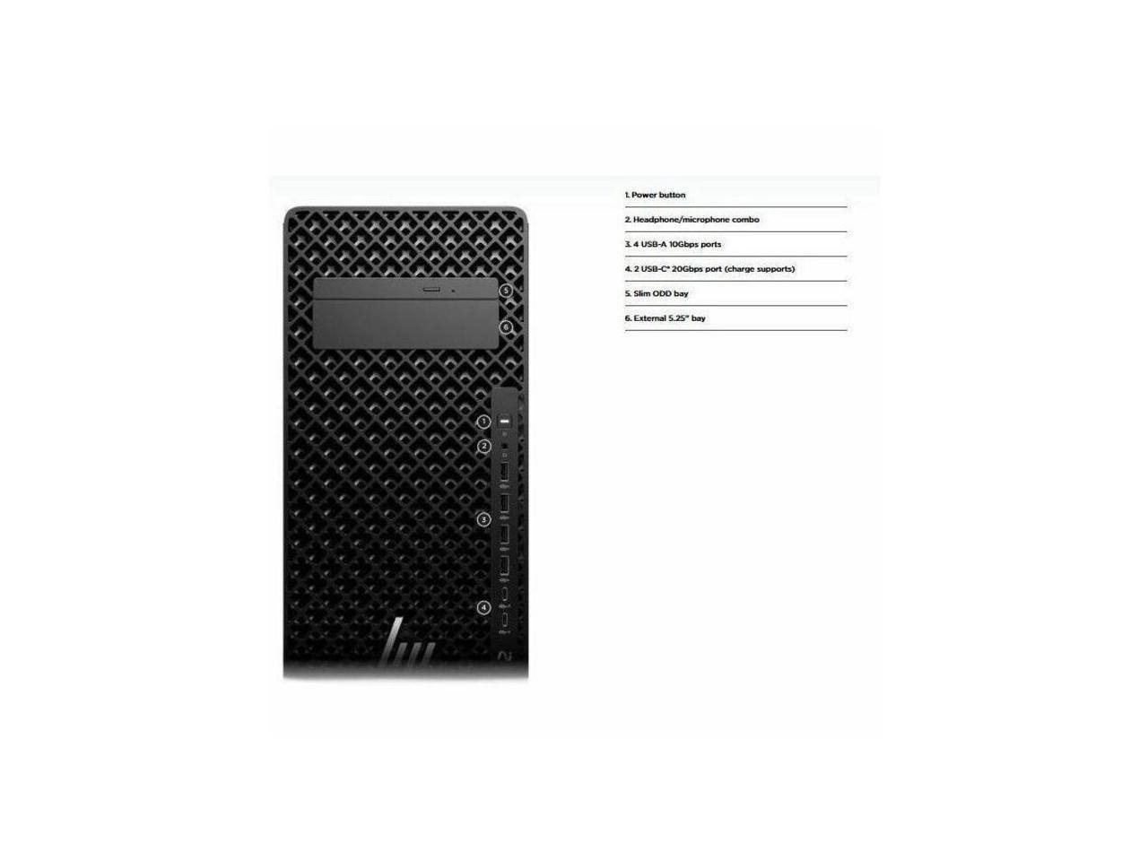 1. Power button  
2. Headphone/microphone combo  
3. 4 USB-A 10Gbps ports  
4. 2 USB-C 20Gbps ports (charge supports)  
5. Slim ODD bay  
6. External 5.25" bay