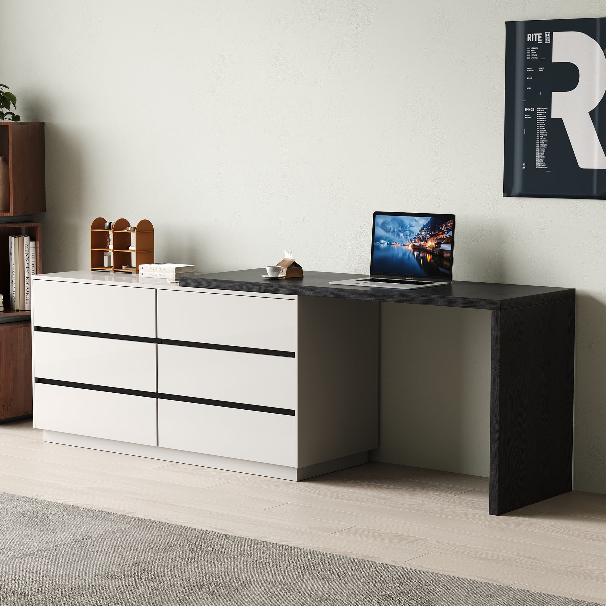 luck idea - Modern Extendable Writing Desk with 6 Drawers, Reversible Left/Right Design, Home Office Computer Desk for Bedroom & Stu - Black