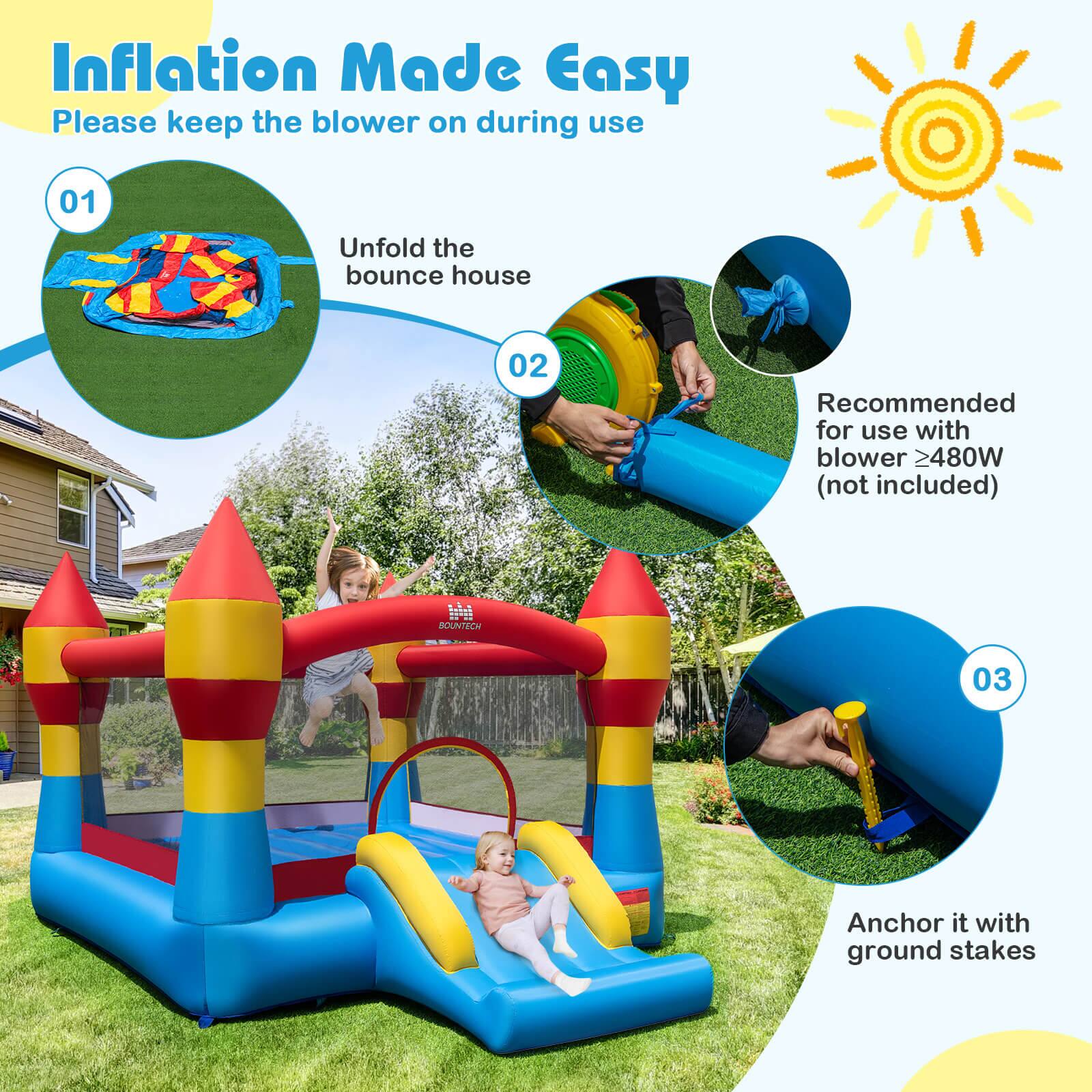 Inflation Made Easy  
Please keep the blower on during use  

01 Unfold the bounce house  

02 Recommended for use with blower ≥480W (not included)  

03 Anchor it with ground stakes