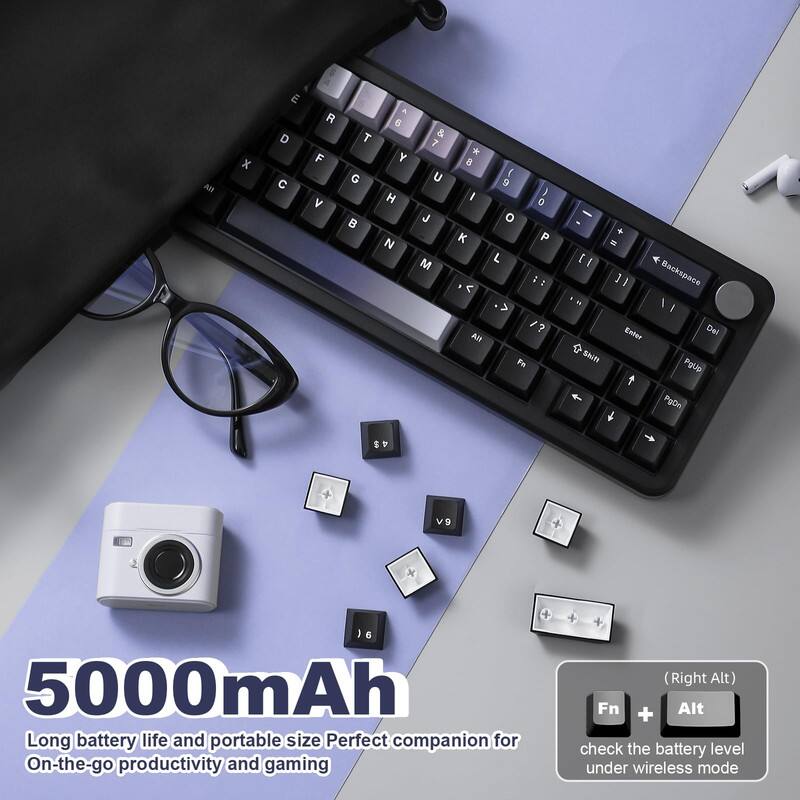 5000mAh  
Long battery life and portable size  
Perfect companion for On-the-go productivity and gaming  

(Right Alt) Fn + Alt  
check the battery level under wireless mode