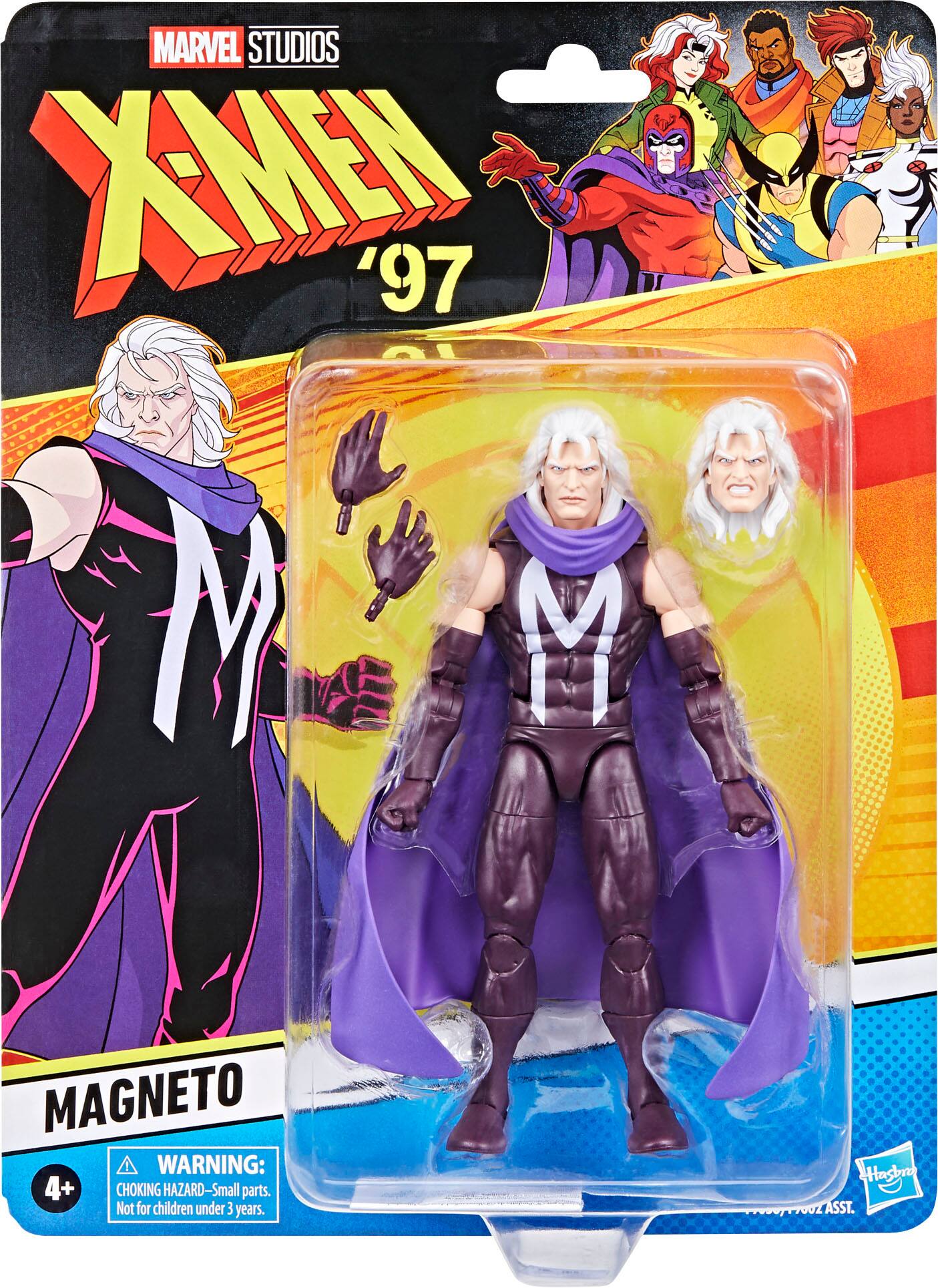 The text on the image reads: "MARVEL STUDIOS XM '97 M M MAGNETO WARNING: 4+ CHOKING HAZARD-Small parts. Not for children under 3 years. Hasbi ASST."