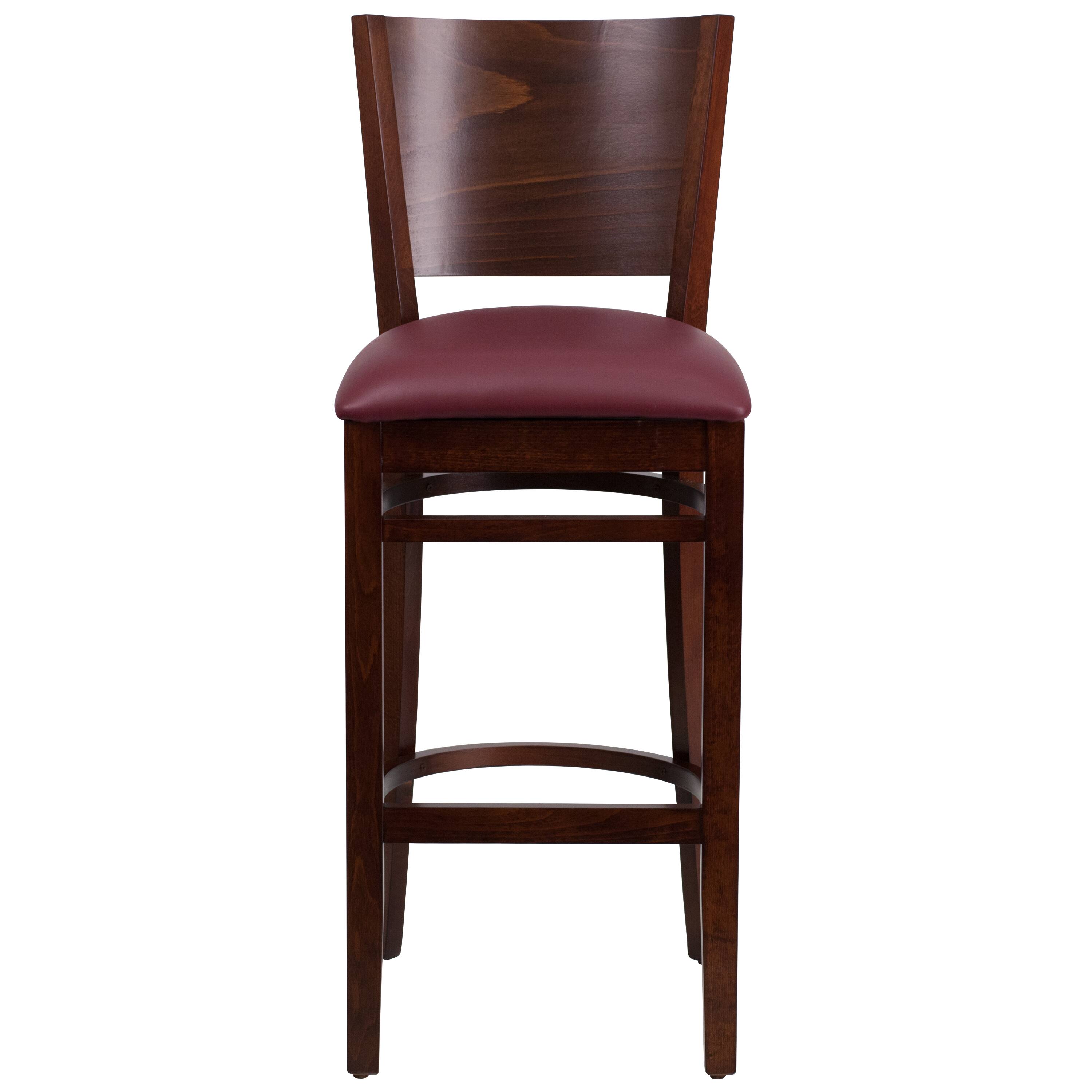 Alt View 4. Emma + Oliver - Solid Back Wooden Restaurant Dining Barstool - Burgundy Vinyl Seat/Walnut Wood Frame.