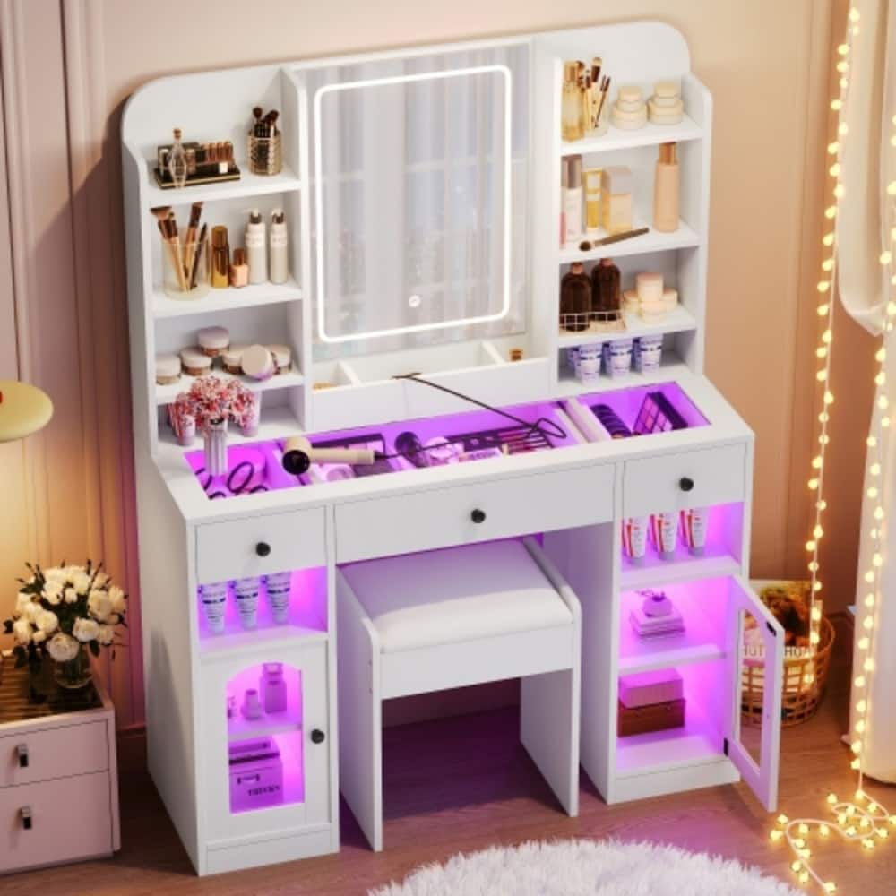 LUCKY ONE - 43.2" Vanity Desk w/ LED Mirror RGB Glass Cabinets 3 Drawers & Stool - White