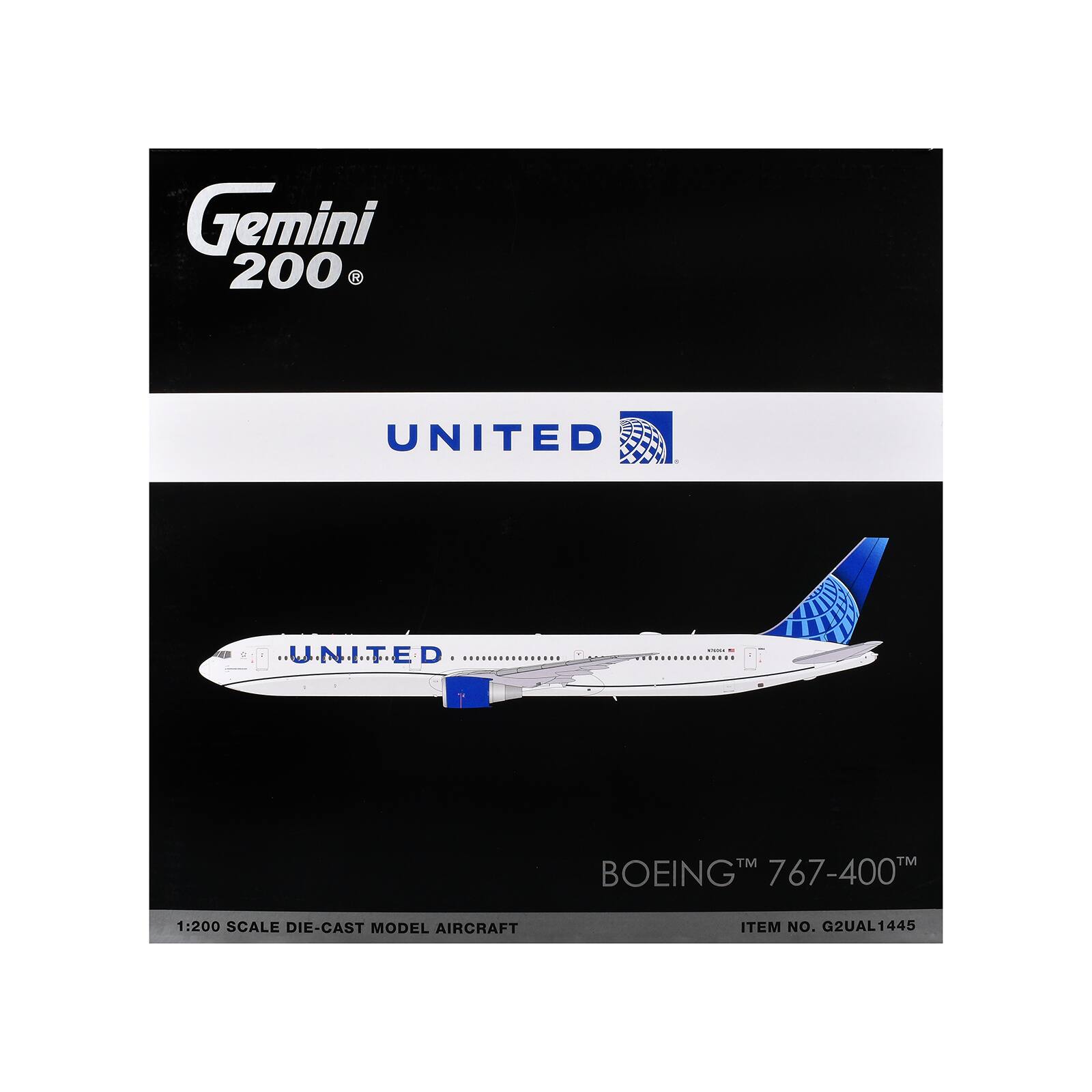 Gemini 200  
UNITED  
UNITED  
STRE  
TM BOEING 767-400TM  
1:200 SCALE DIE-CAST MODEL AIRCRAFT  
ITEM NO. G2UAL1445