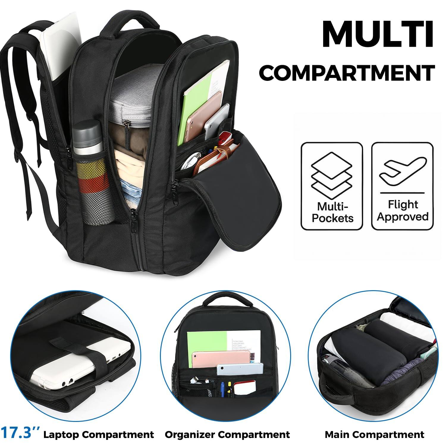 MULTI COMPARTMENT

Multi-Flight Pockets Approved

17.3" Laptop Compartment

Organizer Compartment

Main Compartment

Multi-Pockets

Flight Approved
