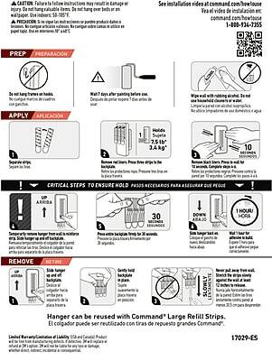 **CAUTION:** Failure to follow instructions may result in damage or injury. Do not hang heavy items. Do not hang over beds or on walls with wallpaper. Use indoors only. 58-585F. PRECAUCIÓN: No siga las instrucciones puede causar daños o lesiones. No cuelgue objetos pesados. No cuelgue sobre camas o paredes con papel tapiz. Use en interiores solo. 58-585F.

**PREP / PREPARACIÓN**
- Do not hang frames or hooks. No cuelgue marcos o ganchos.
- Wait 7 days after painting before use. Espera 7 días después de pintar antes de usar.
- Wipe wall with rubbing alcohol. No use household cleaners or water. Limpie la pared con alcohol de fricción. No use limpiadores de casa o agua.

**APPLY / APLICACIÓN**
1. Separate strips. Separe las tiras.
2. Remove and discard backing. Retire y descarte la parte trasera.
3. Hold 7.5lb / 3.4kg. Sujete 7.5lb / 3.4kg.
