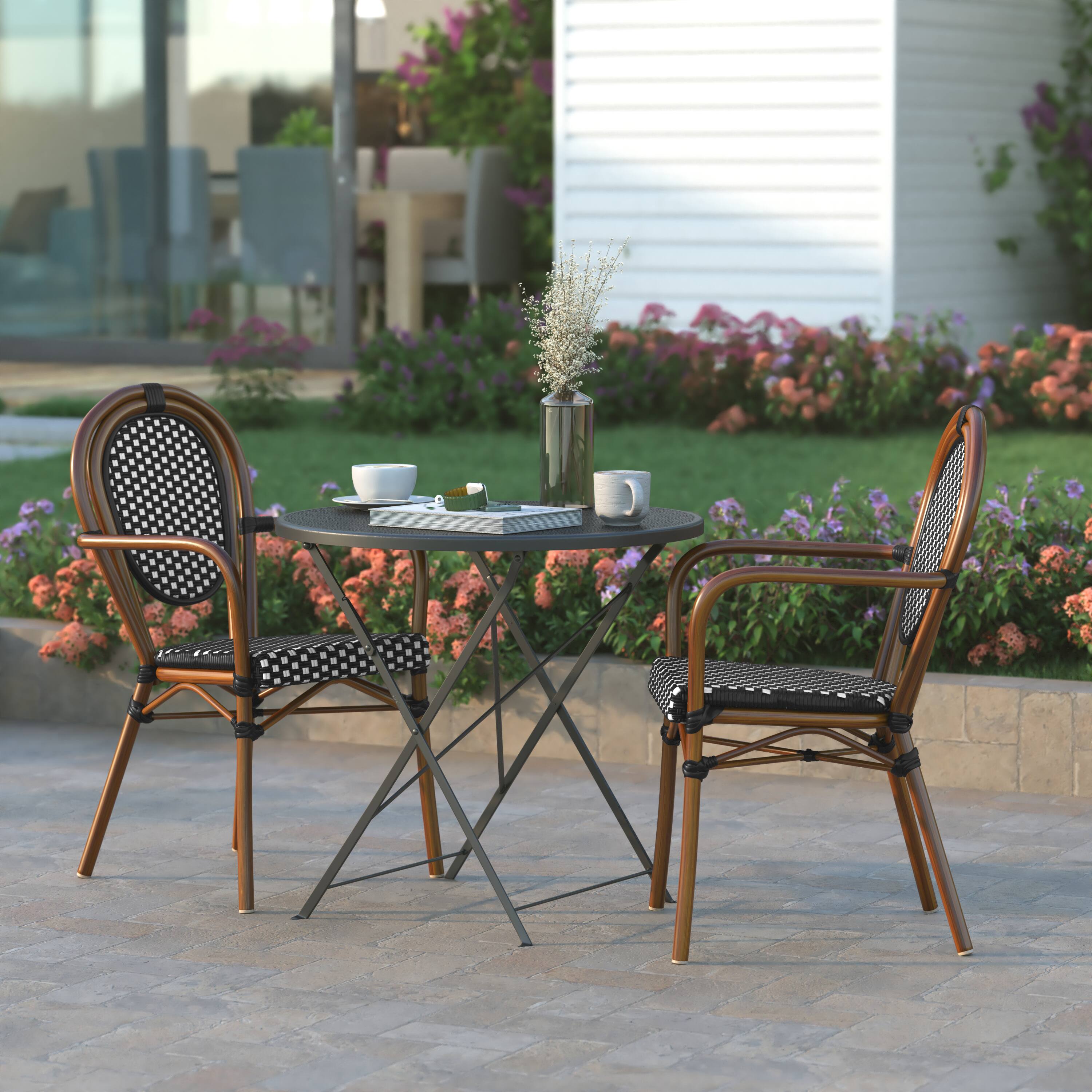 Alt View 4. Emma + Oliver - Colmar Set of Two Indoor/Outdoor Stacking Thonet Bistro Style Chairs with Arms, PE Rattan Seat and Metal Frame - Black & White/Natural Frame.
