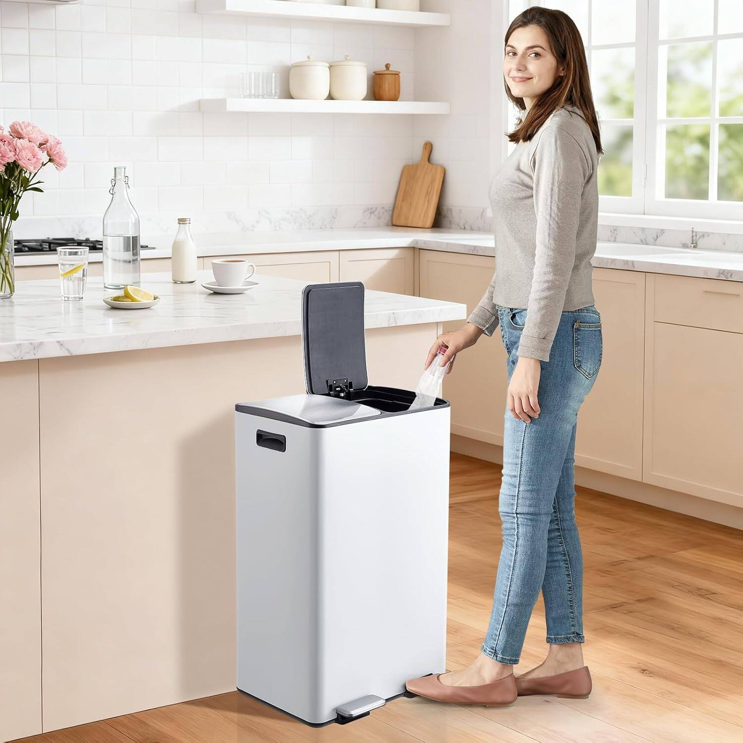 Alt View 4. Homhougo - Dual Trash Can, 16 Gal (2 x 30 l) Stainless Steel Kitchen Garbage Can with Lid and Inner Bucket - White.