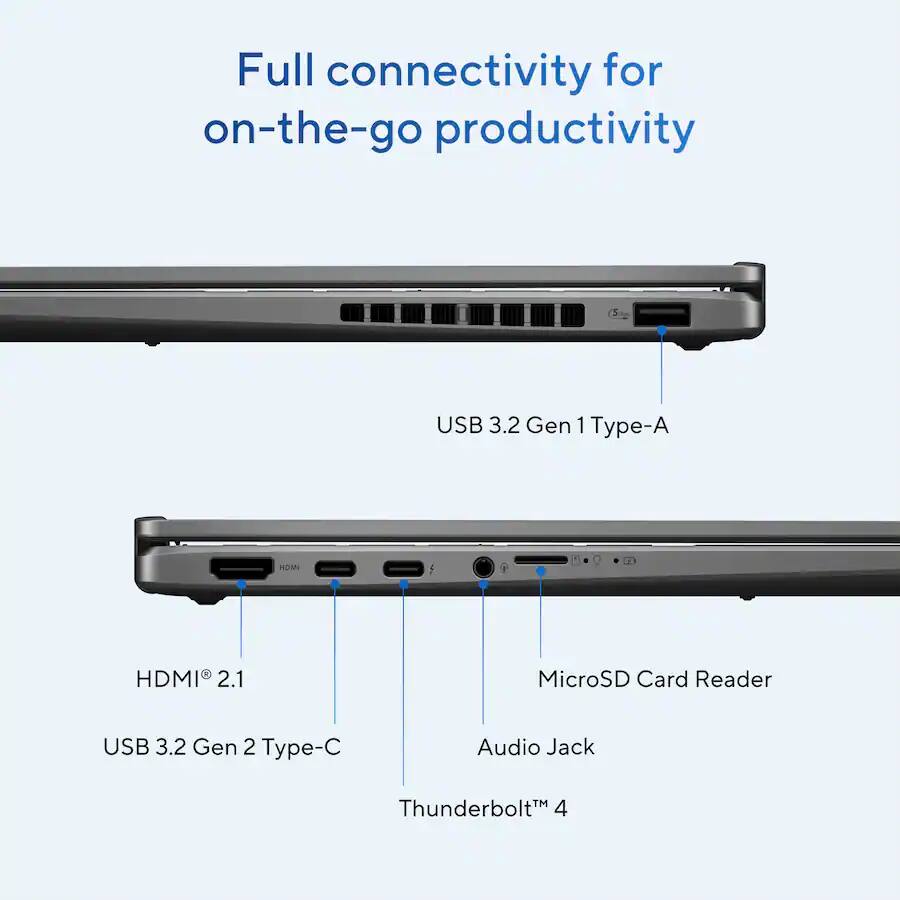 Full connectivity for on-the-go productivity

- USB 3.2 Gen 1 Type-A
- HDMI 2.1
- MicroSD Card Reader
- USB 3.2 Gen 2 Type-C
- Audio Jack
- Thunderbolt 4