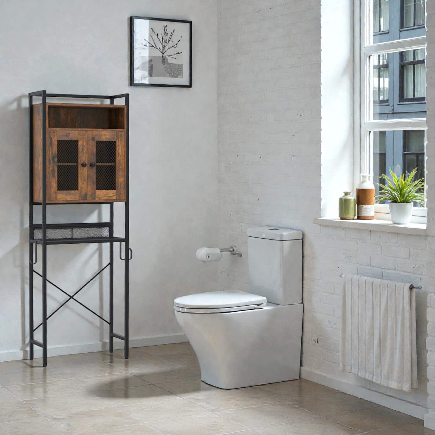 Hivvago - Freestanding Over-Toilet Storage Cabinet with Sturdy Metal Frame and Dual Doors - Rustic Brown