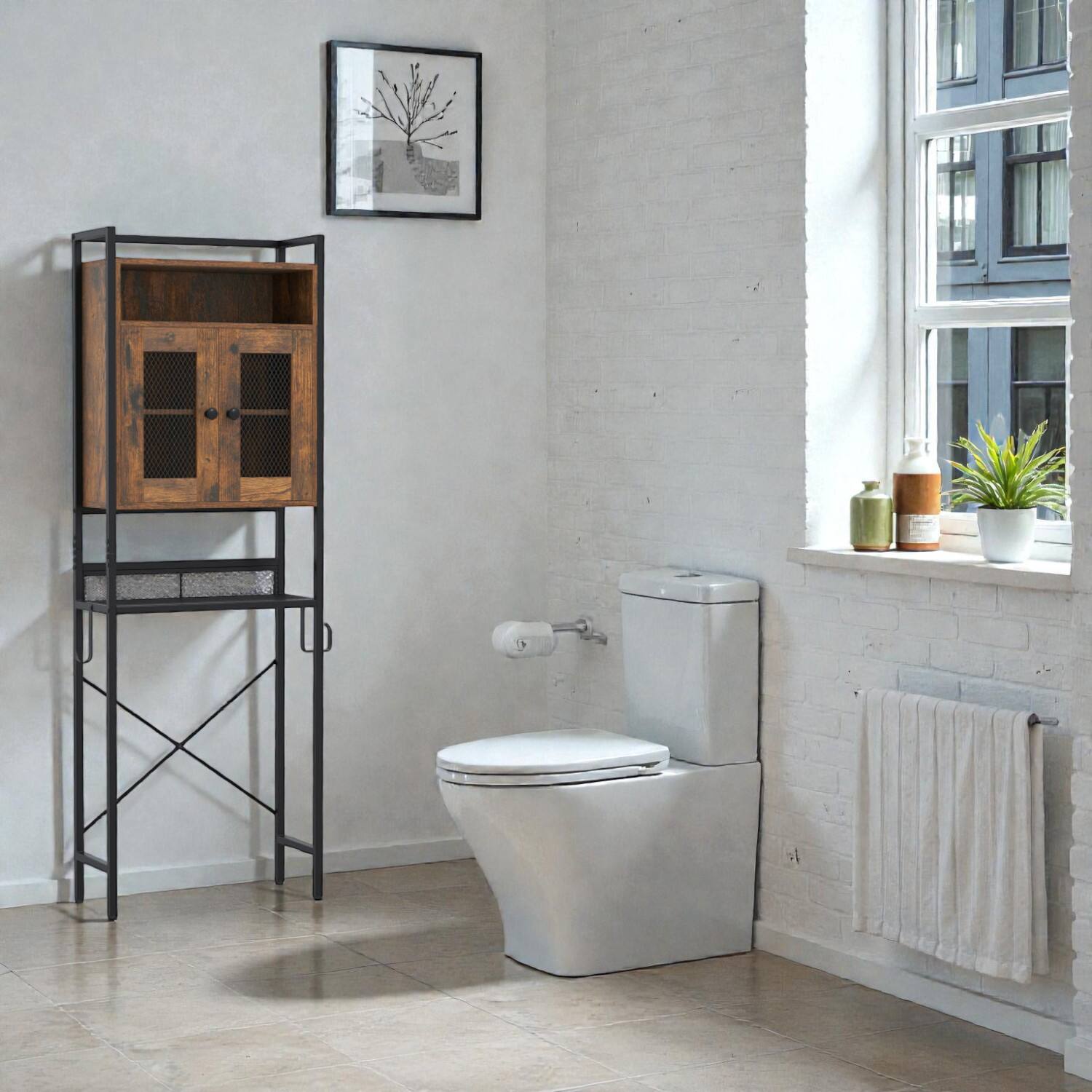 Front. Hivvago - Freestanding Over-Toilet Storage Cabinet with Sturdy Metal Frame and Dual Doors - Rustic Brown.