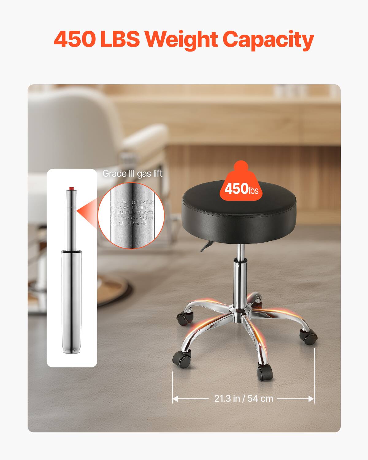 450 LBS Weight Capacity, Grade III gas lift, 118 BEEAL 7 MA X1 1 EN 1335 E EN CLASSI PEEEU C AVB 20 N, 20 05, 450lbs, 21.3 in/ 54 cm