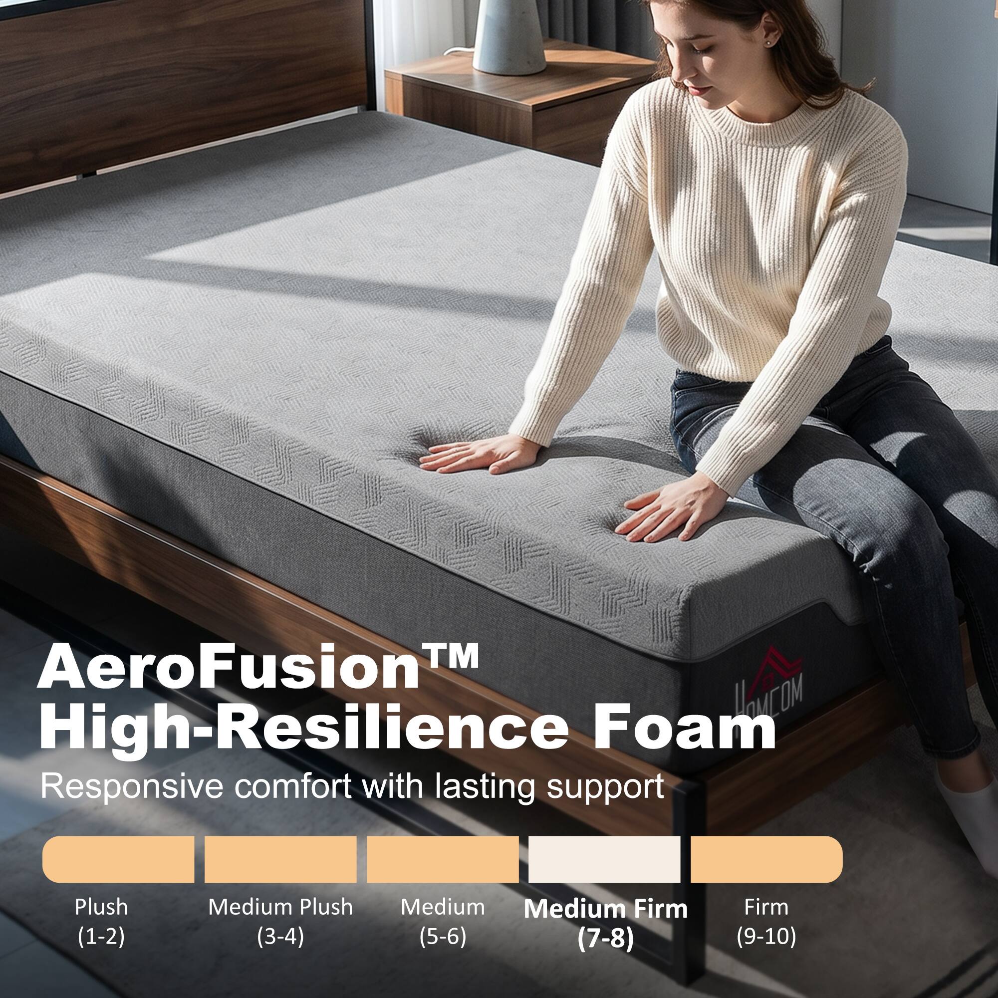 AeroFusion™ High-Resilience Foam  
Responsive comfort with lasting support

Plush (1-2)  
Medium Plush (3-4)  
Medium (5-6)  
Medium Firm (7-8)  
Firm (9-10)