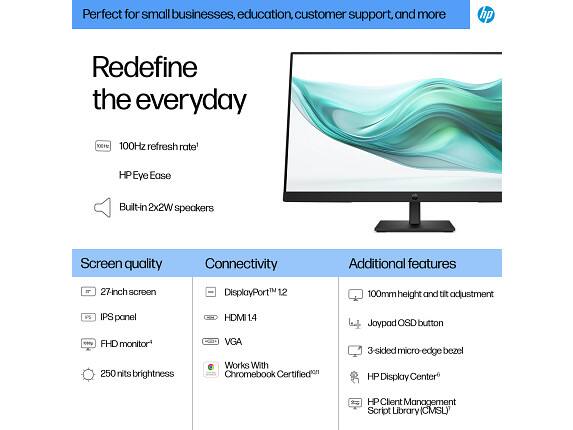 Perfect for small businesses, education, customer support, and more. HP Redefine the everyday.

- 100Hz refresh rate
- HP Eye Ease
- Built-in 2x2W speakers

Screen quality:
- 27-inch screen
- IPS panel
- FHD monitor
- 250 nits brightness

Connectivity:
- DisplayPort™ 1.2
- HDMI 1.4
- VGA
- Works with Chromebook Certified

Additional features:
- 100mm height and tilt adjustment
- Joypad OSD button
- 3-sided micro-edge bezel
- HP Display Center
- HP Client Management Script Library (CMSL)