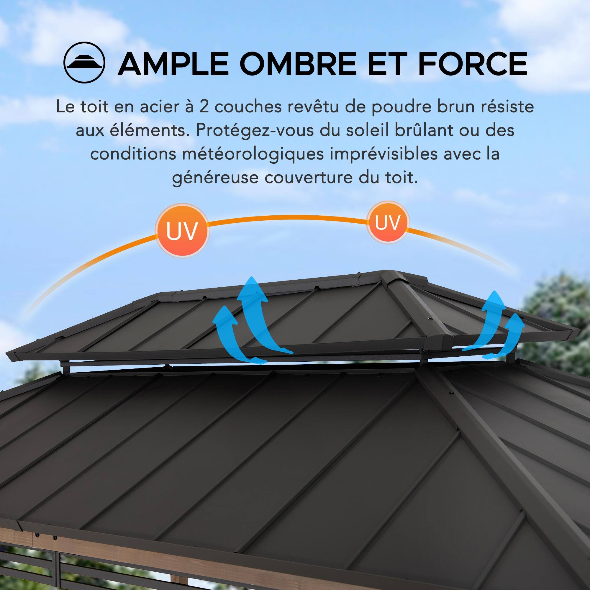 AMPLE OMBRE ET FORCE

Le toit en acier à 2 couches revêtu de poudre brun résiste aux éléments. Protégez-vous du soleil brûlant ou des conditions météorologiques imprévues avec la généreuse couverture du toit.

UV UV