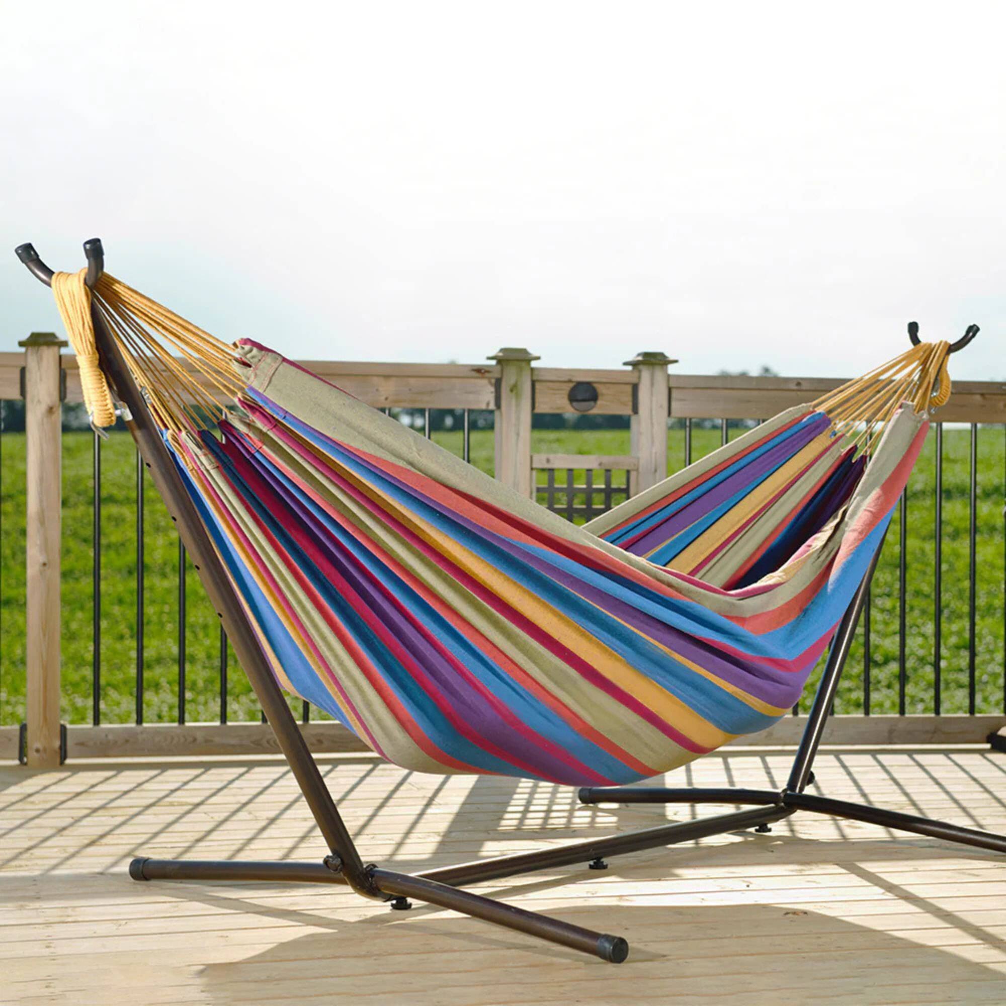 Alt View 2. Vivere - Vivere Double Cotton Hammock, Comfortable Daybed with Steel Stand, 9', Tropical - Tropical.
