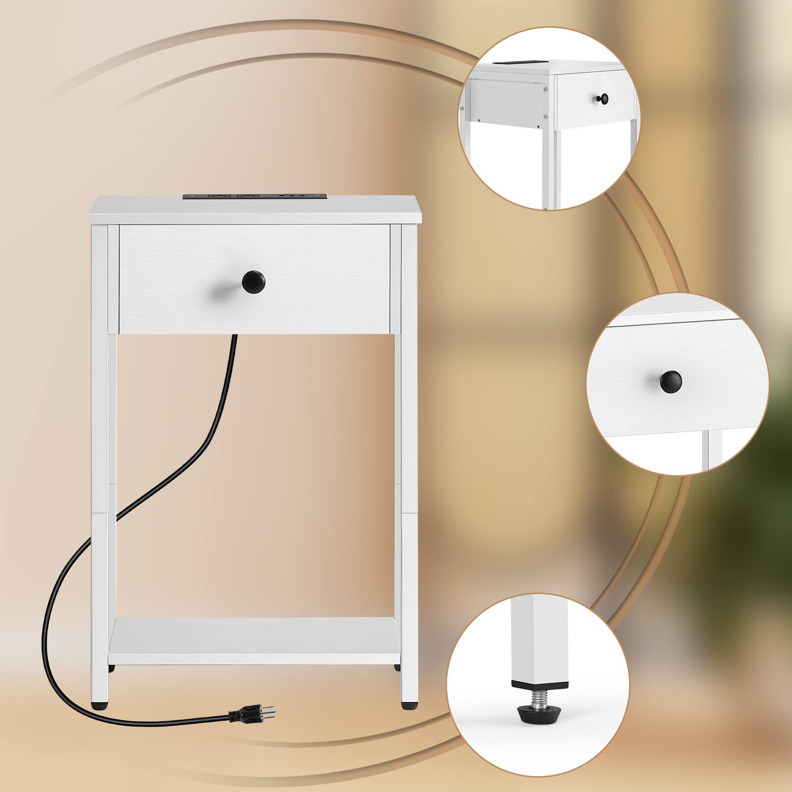 Left. Oumilen - Set of 2 Nightstand with Built-in Charging Station & Hanging Drawer , White - White.