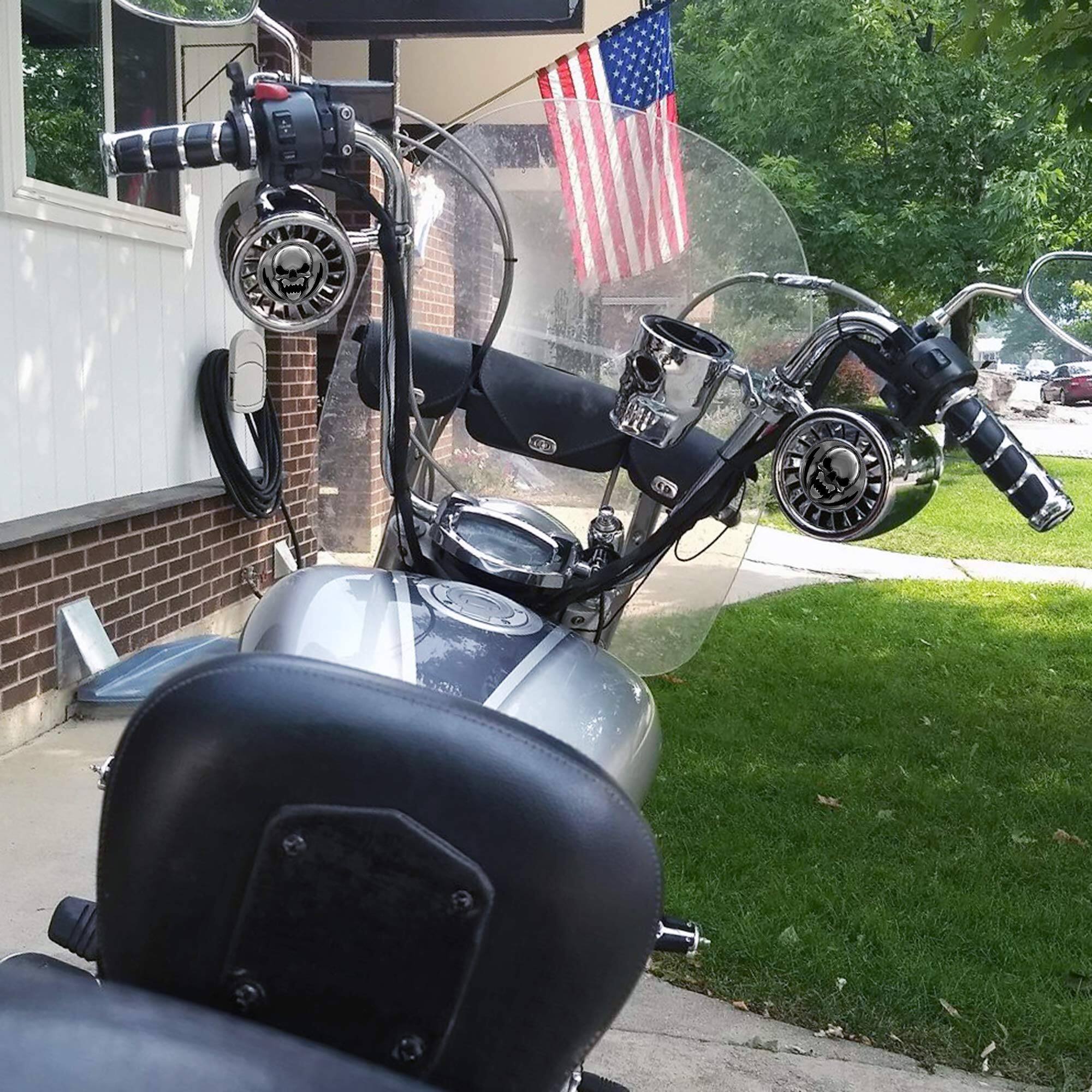 Left. GoHawk - Bluetooth Motorcycle Speakers, 5" Waterproof Stereo Audio System w/ Built-in Amplifier, USB Music for Harley Ape-Hanger - Chrome.