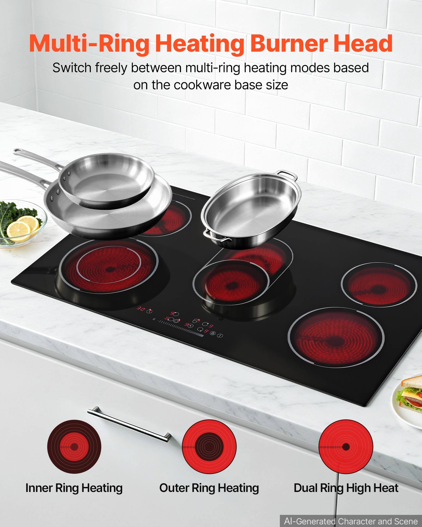 Multi-Ring Heating Burner Head  
Switch freely between multi-ring heating modes based on the cookware base size  

3  
Inner Ring Heating  
Outer Ring Heating  
Dual Ring High Heat  

AI-Generated Character and Scene