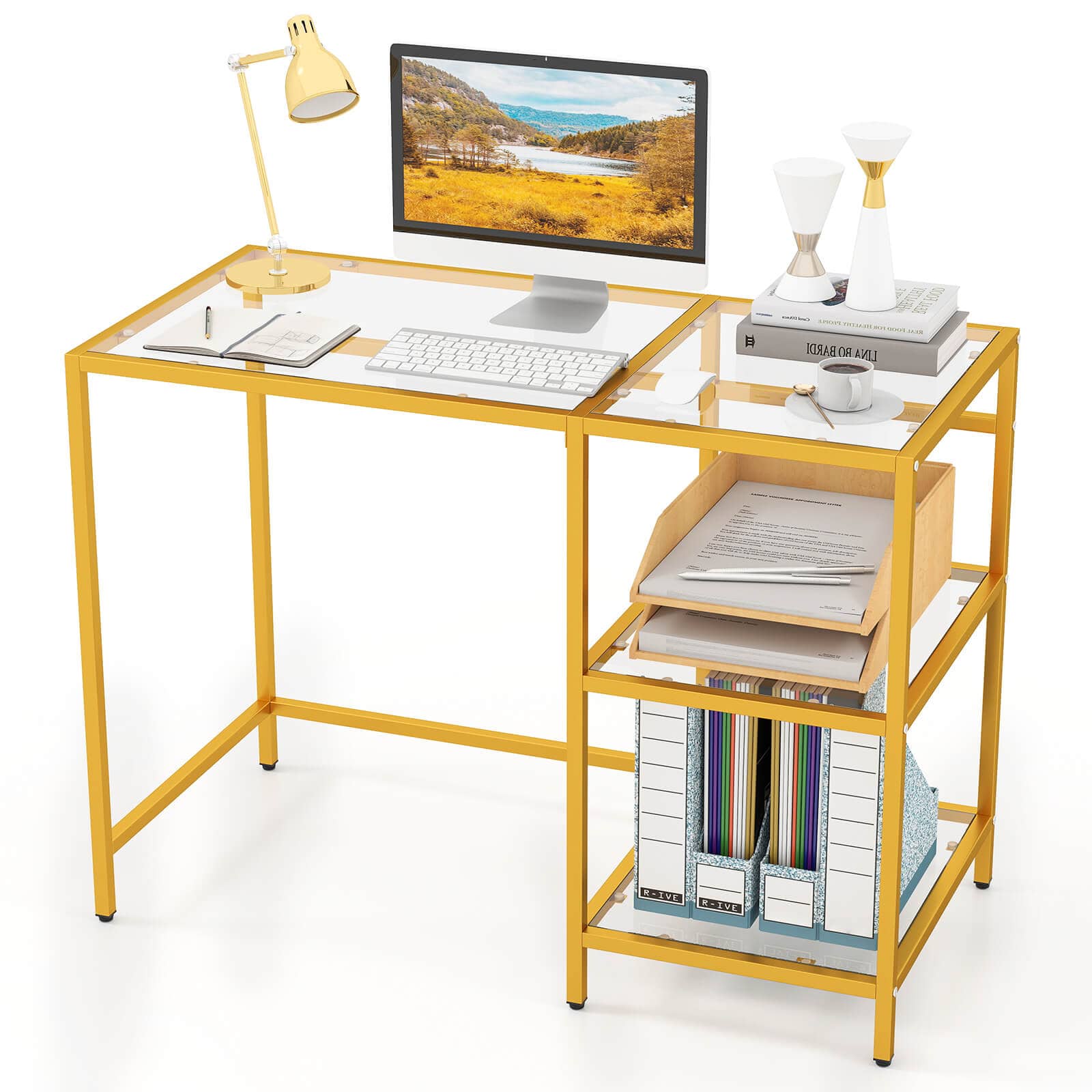 Costway - Computer Desk Tempered Glass Workstation Vanity Table with 2-Tier Storage Shelves - Gold