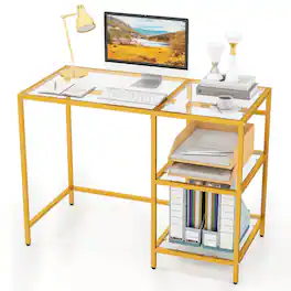 Costway - Computer Desk Tempered Glass Workstation Vanity Table with 2-Tier Storage Shelves - Gold