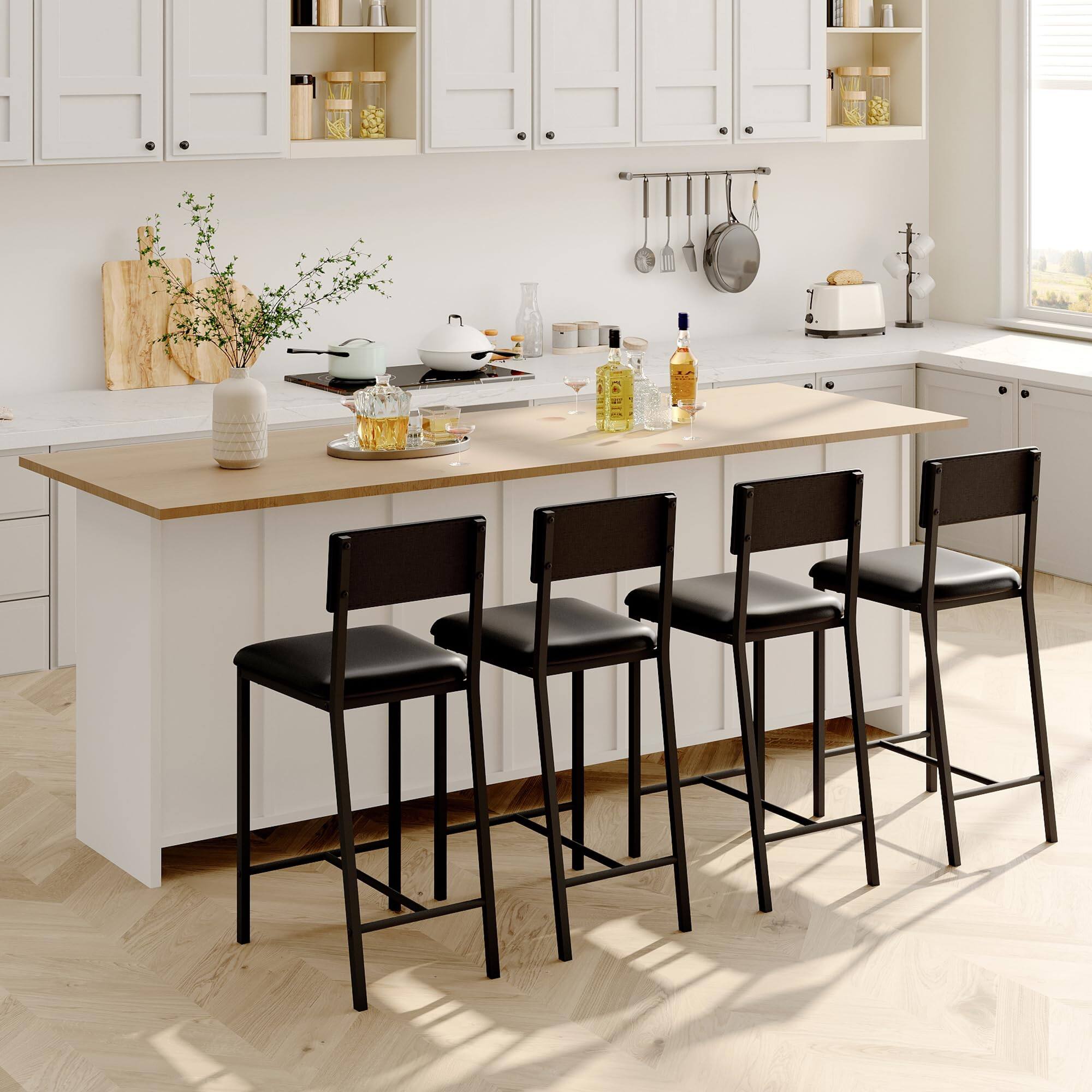 Back. Homhougo - Dining Chairs Set of 4 Upholstered PU Dining Chairs Curved Backrest, Modern Dining Room Chairs Kitchen Chairs - Black.