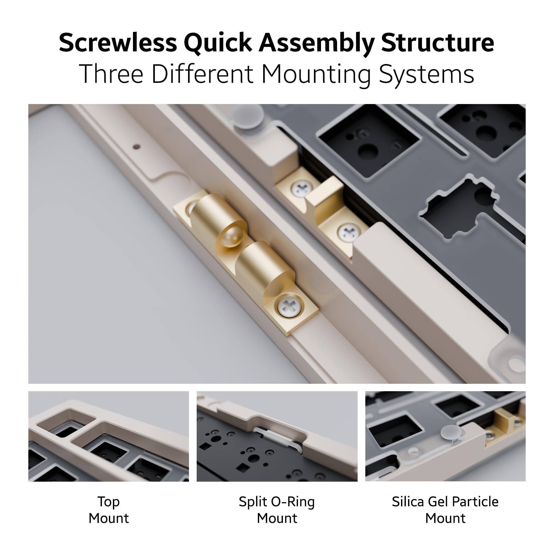Screwless Quick Assembly Structure  
Three Different Mounting Systems  

Top Mount  
Split O-Ring Mount  
Silica Gel Particle Mount