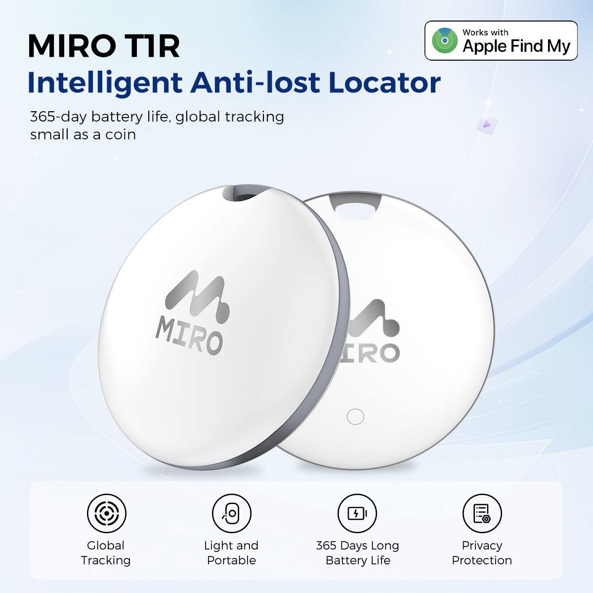 MIRO TIR Intelligent Anti-lost Locator, Works with Apple Find My, 365-day battery life, global tracking, small as a coin, MIRO CRO 4, Global Tracking, Light and Portable, 365 Days Long Battery Life, Privacy Protection.