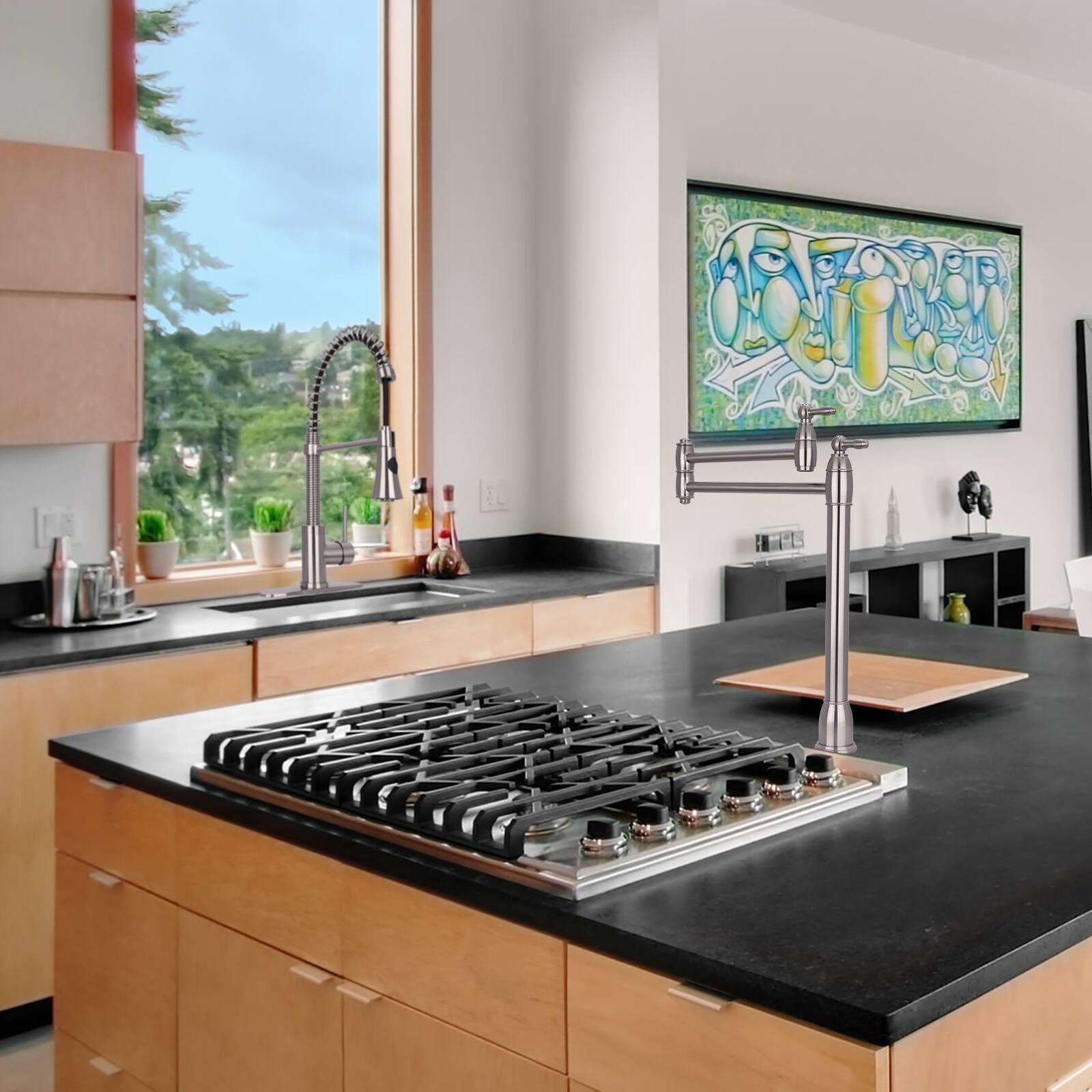 Alt View 4. Akicon - Akicon Solid Brass Deck-Mounted Pot Filler Kitchen Faucet with Dual Joint Swing Arms in Brushed Nickel - Brushed Nickel.