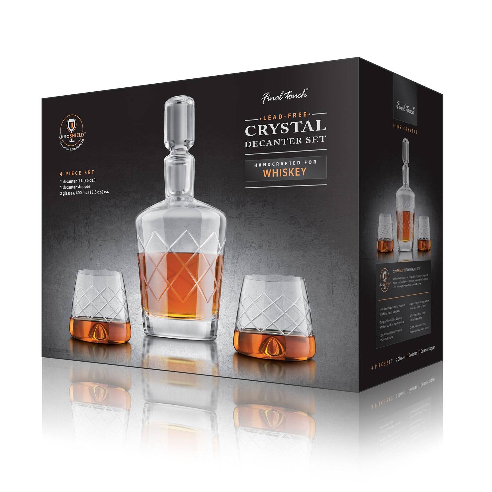 duraSHIELD FORMON DERICIALS 4 PIECE SET 1 decanter, 1 (35 oz.) decanter stopper i glasses, 400 mL 13.5 oz. 02.  
Find all touch LEAD FREE CRYSTAL SET DECANTER HANDCRAFTED FOR WHISKEY  
Proft Each FINE CRYSTAL  
0  
THILERKO  
Nature Vitamina PIECE SET