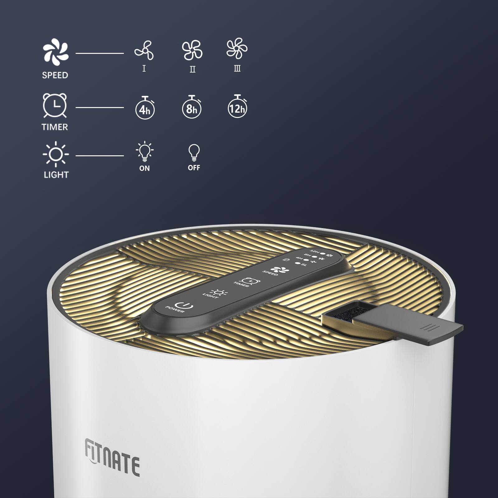 SPEED I II III 4h 8h 12h TIMER LIGHT ON OFF --. FiTNATE