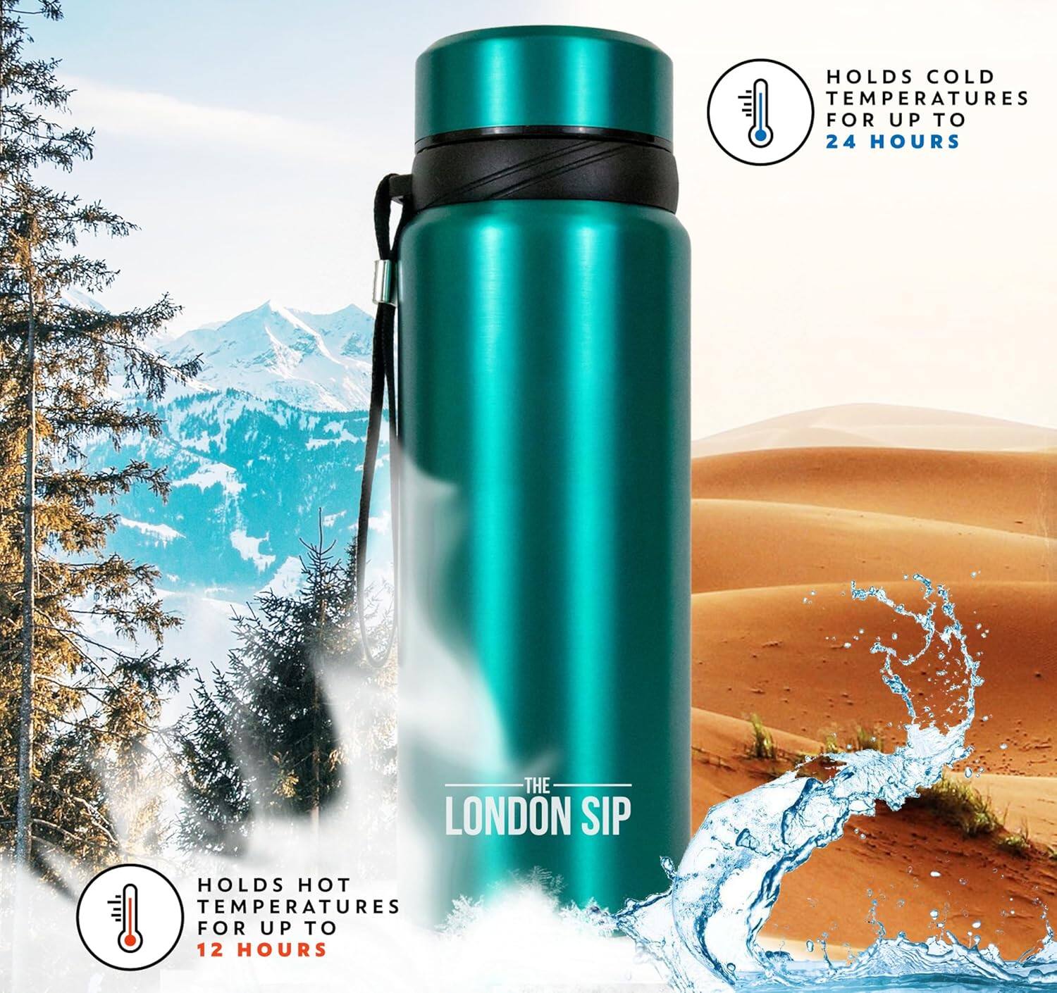 Holds cold temperatures for up to 24 hours.  
Holds hot temperatures for up to 12 hours.  
The London Sip.