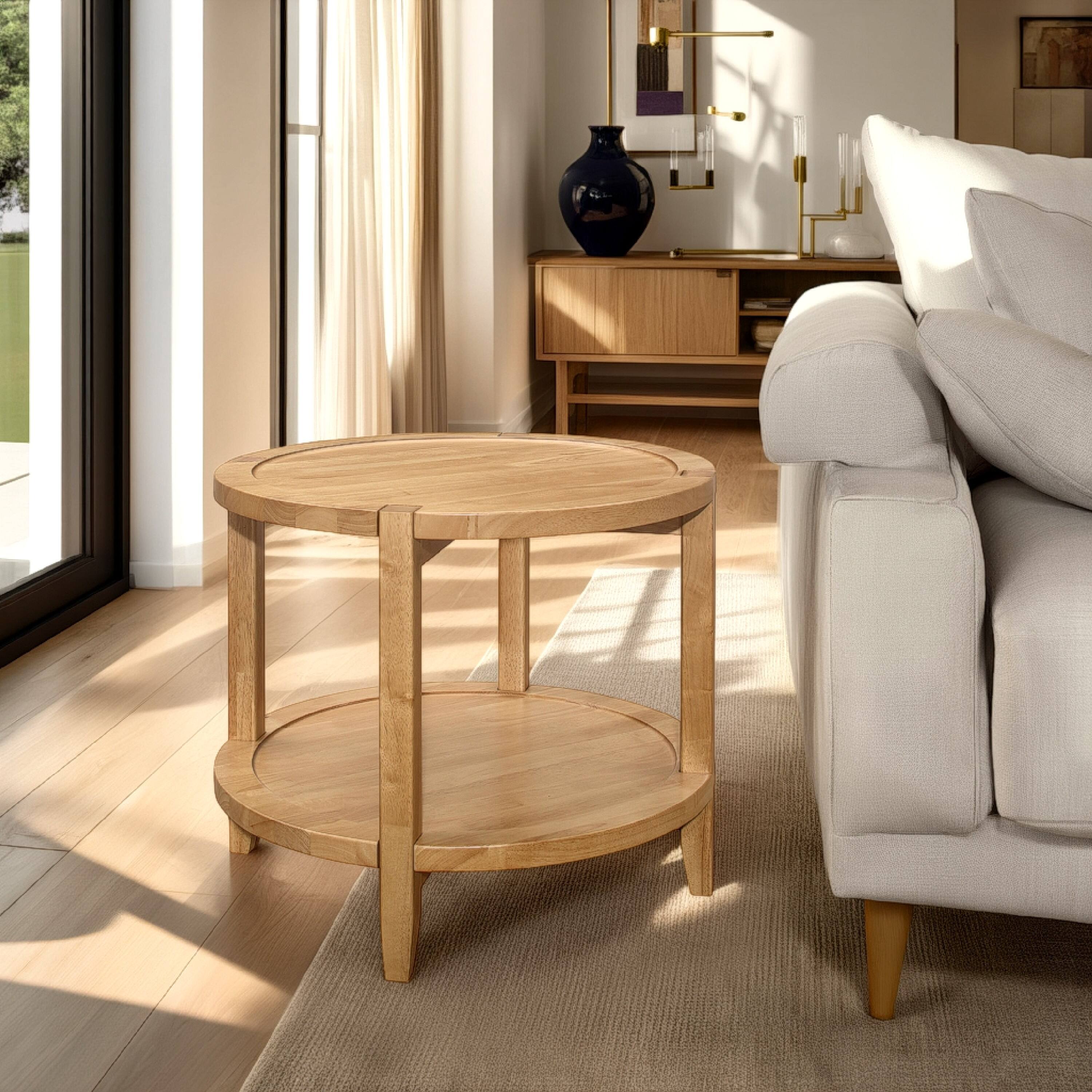 Alt View 5. Manhattan Lane - Camilia Side End Table, 23 Inch Round Top, 1 Shelf - Natural Brown.