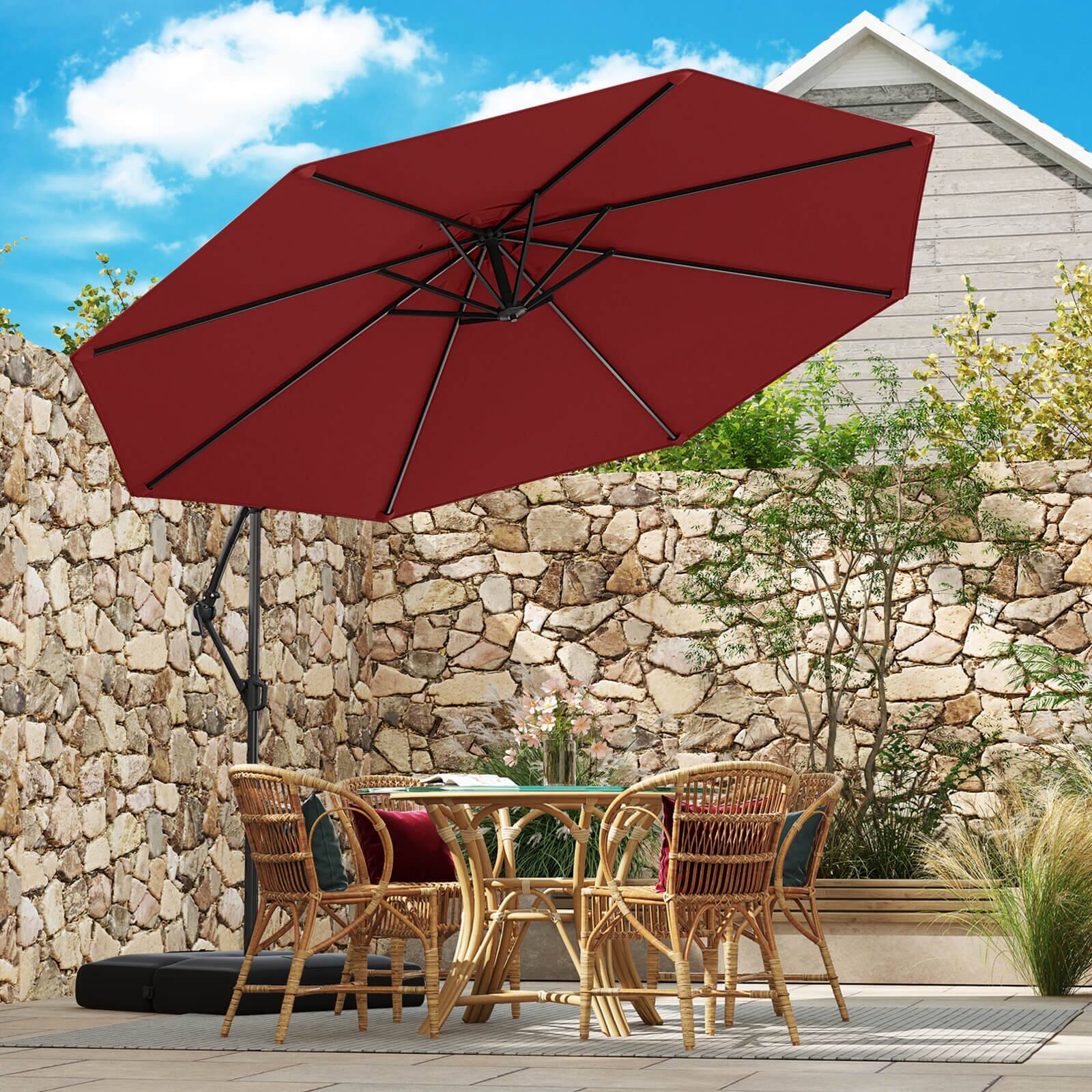 Alt View 3. Costway - Costway 10 FT Offset Hanging Umbrella with Base Patio Cantilever Umbrella 360° Rotation - Red.