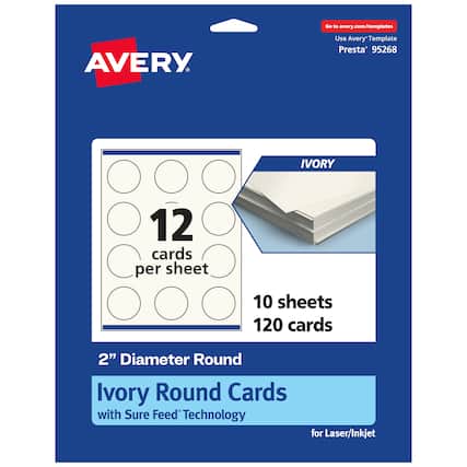Go to avery.com/templates
Use Avery Template Presta* 95268
IVORY
12 cards per sheet
10 sheets 120 cards
2" Diameter Round Ivory Round Cards with Sure Feed Technology for Laser/Inkjet