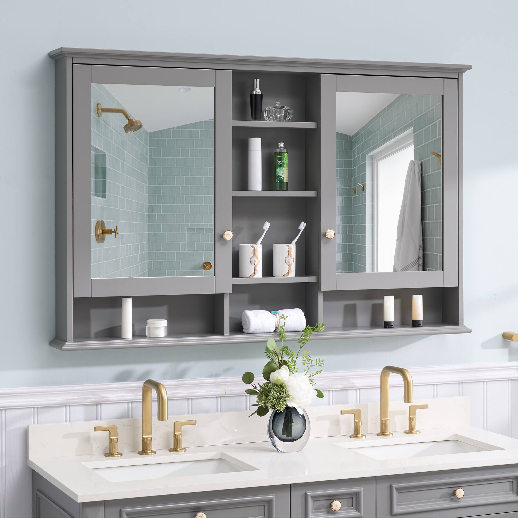 Left. WELLFOR - 55 in. W x 35 in. H Rectangular Wood Surface Mount Medicine Cabinet with Mirror, Double Soft Close Doors - Titainum Grey.
