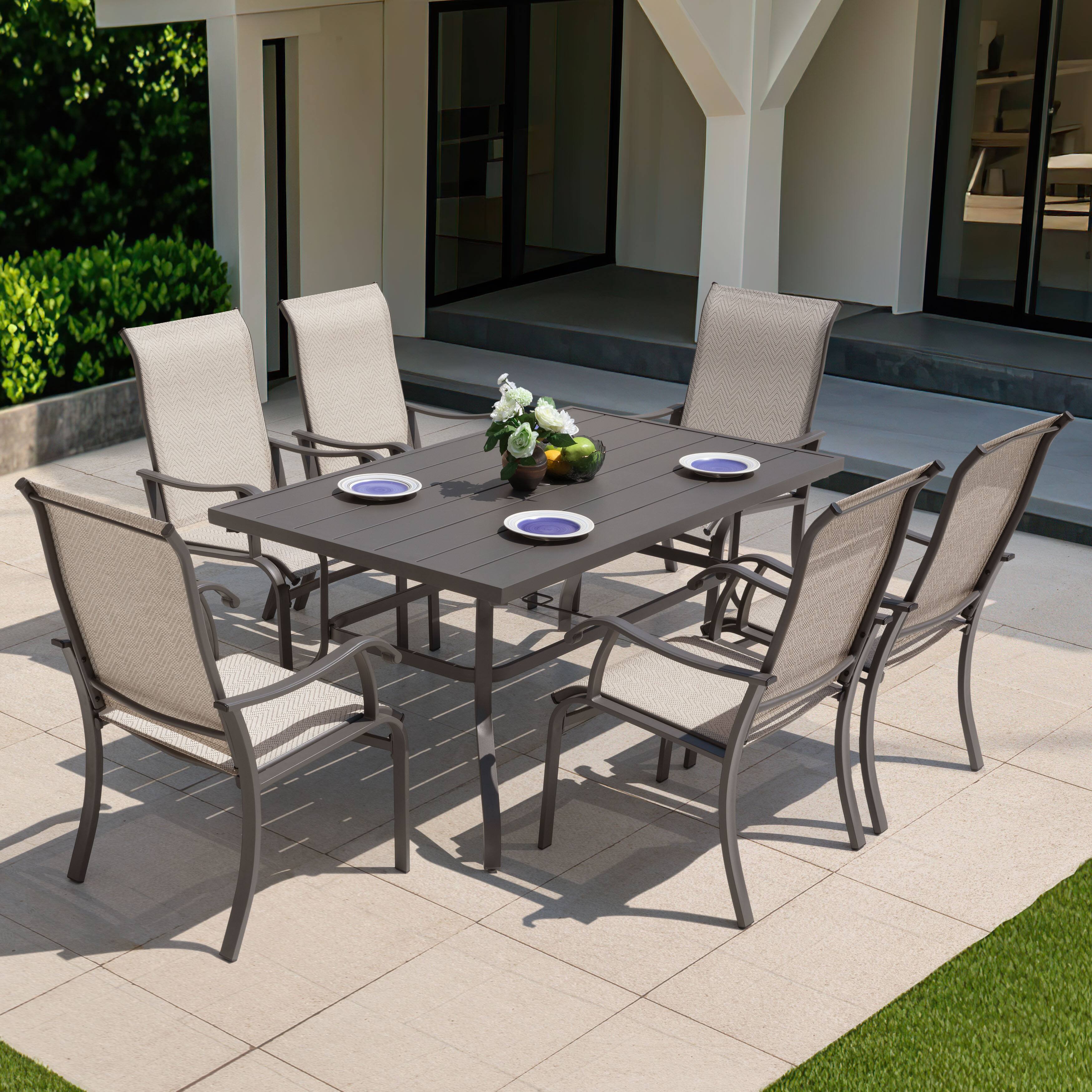 Alt View 6. Nuu Garden - Patio Metal Textilene Dining Set of 7 with Umbrella Hole and High Backrest - Beige and Gray.