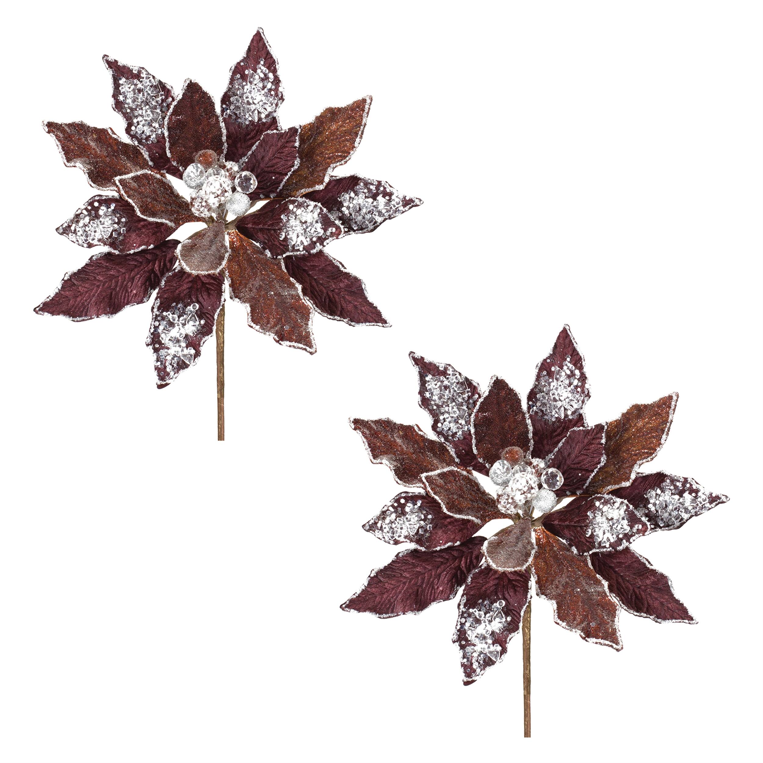 Left. BreeBe - Glittered Poinsettia Flower Stem (Set of 2) - Brown, Silver.