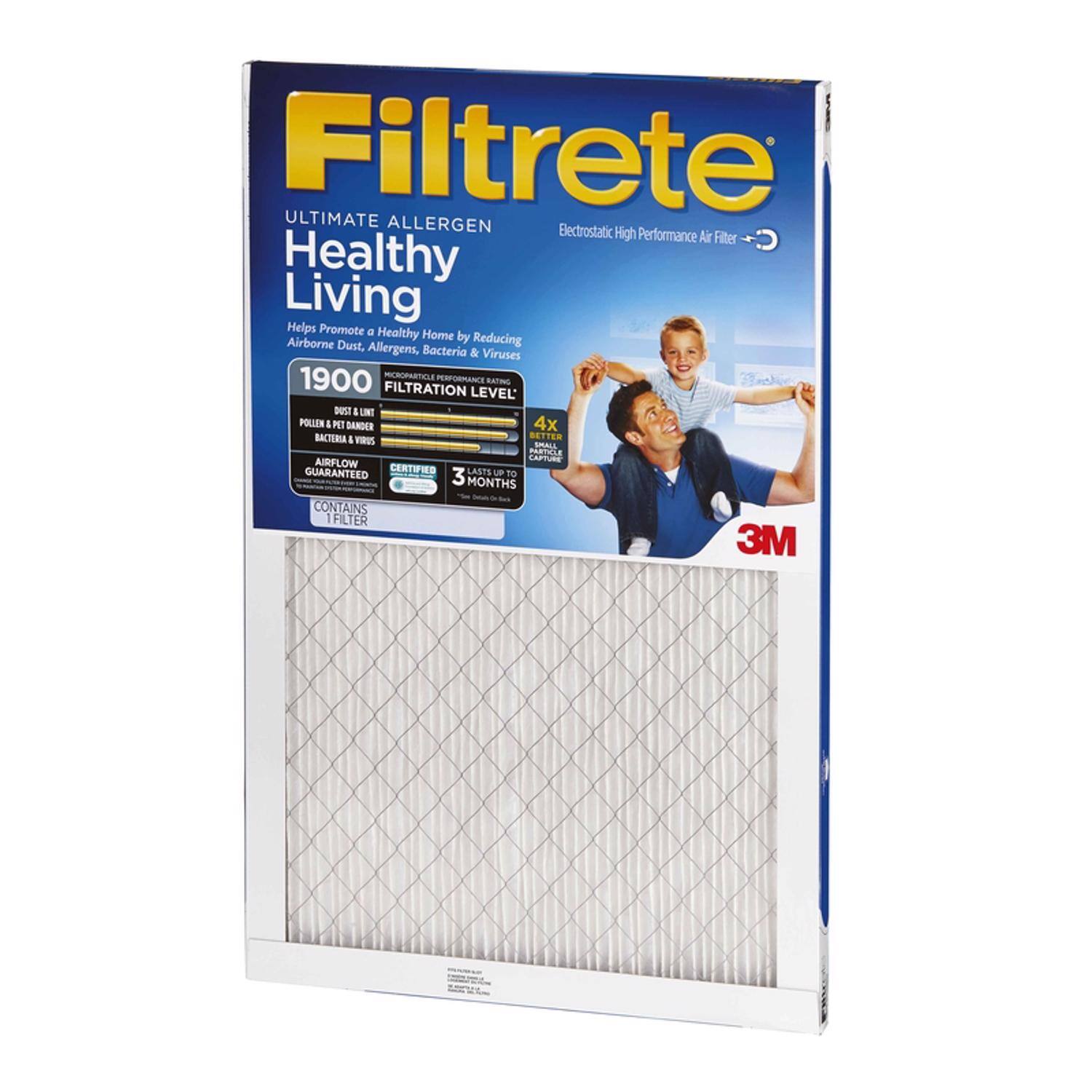 Filtrete ULTIMATE ALLERGEN Electrostatic High Performance Air Filter C Healthy Living Helps Promote a Healthy Home Airborne by Reducing Dust, Allergens, Bacteria & Viruses 1900 MICROPARTICULE PERFORMANCE RATING FILTRATION LEVEL DEST I GNT POLLEN I R DANDER 4x BACTERIA I VIRUSES SMALL PARTICLES CAPTURED AIRFLOW GUARANTEED CERTIFIED LASTS UP to 3 MONTHS CONTAINS 1 FILTER 3M