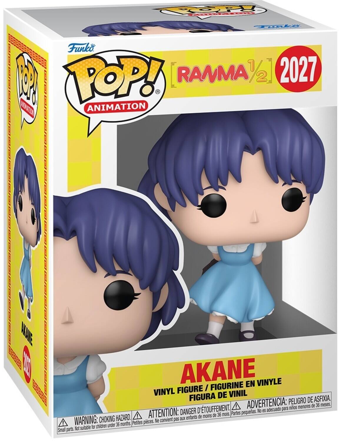 Sure, here is the corrected and grouped text from the image:

---

**Funko POP! ANIMATION**

**RAMMA 1/2**

**2027**

**AKANE**

**VINYL FIGURE / FIGURINE EN VINYLE / FIGURA DE VINIL**

**WARNING: CHOKING HAZARD. Small parts. Not suitable for children under 36 months.**

**ATTENTION: DANGER D'ÉTOUFFEMENT. Petites pièces. Ne convient pas aux enfants de moins de 36 mois.**

**ADVERTENCIA: PELIGRO DE ASFIXIA. No es adecuado para niños menores de 36 meses.**

---

This text is organized to reflect the information on the packaging, including the brand, series, character, year, and safety warnings.